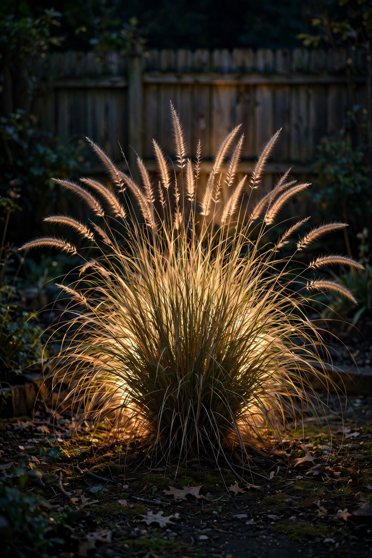 Ornamental grass backlit by a hidden uplight creating a glowing silhouette in a small yard at night