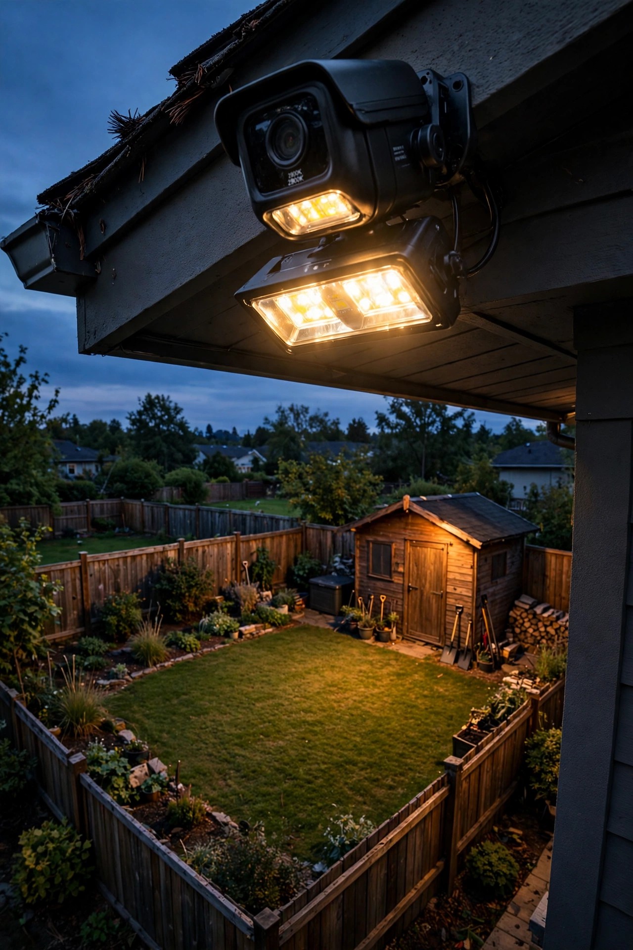 Wide-angle flood light camera on a rear house corner at dusk overlooking a fenced backyard, shed and lawn in warm light