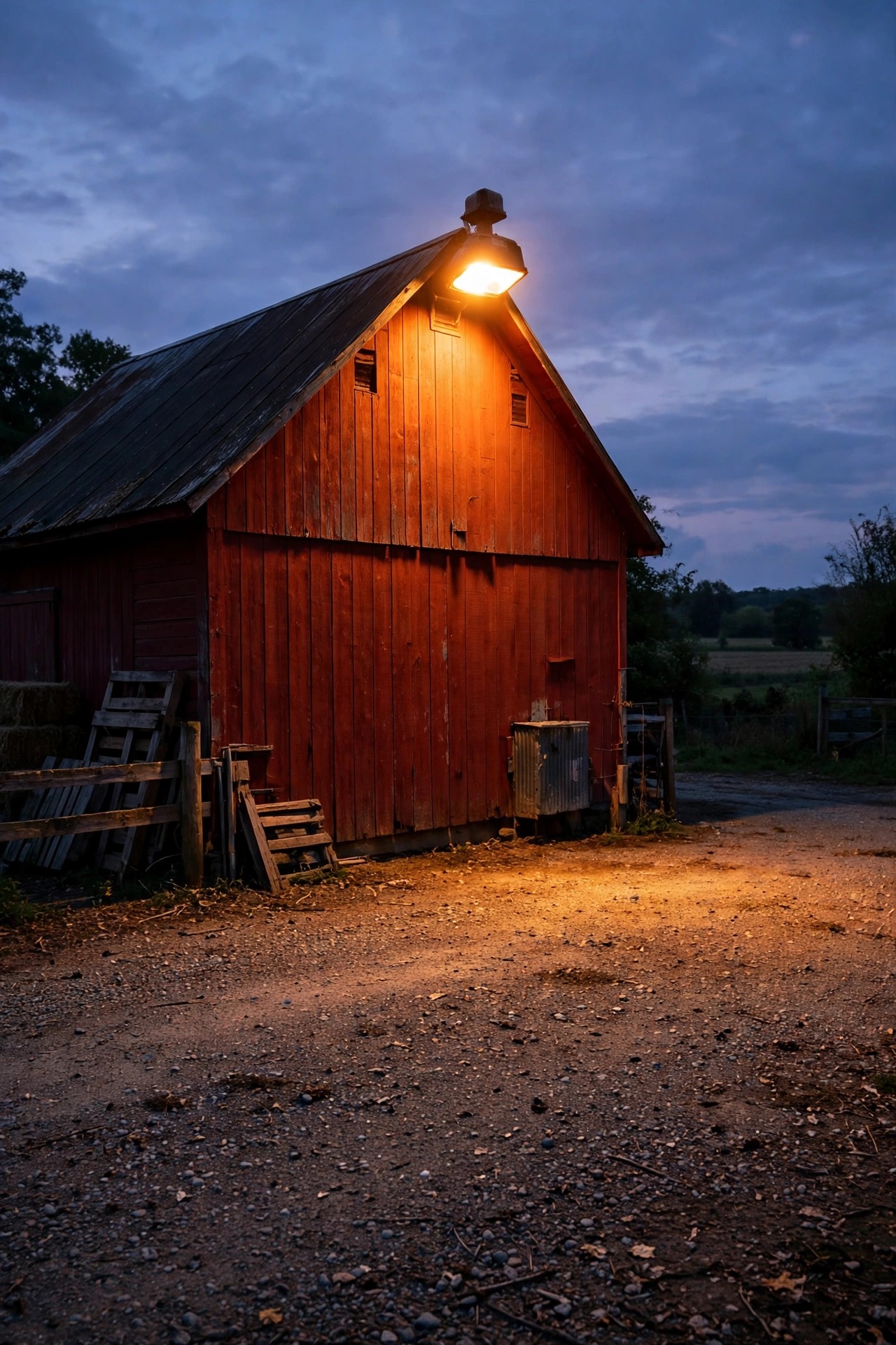 Photorealistic dusk view of a photocell barn area light glowing high on a red barn gable, flooding a gravel farm yard with warm light under a twilight sky