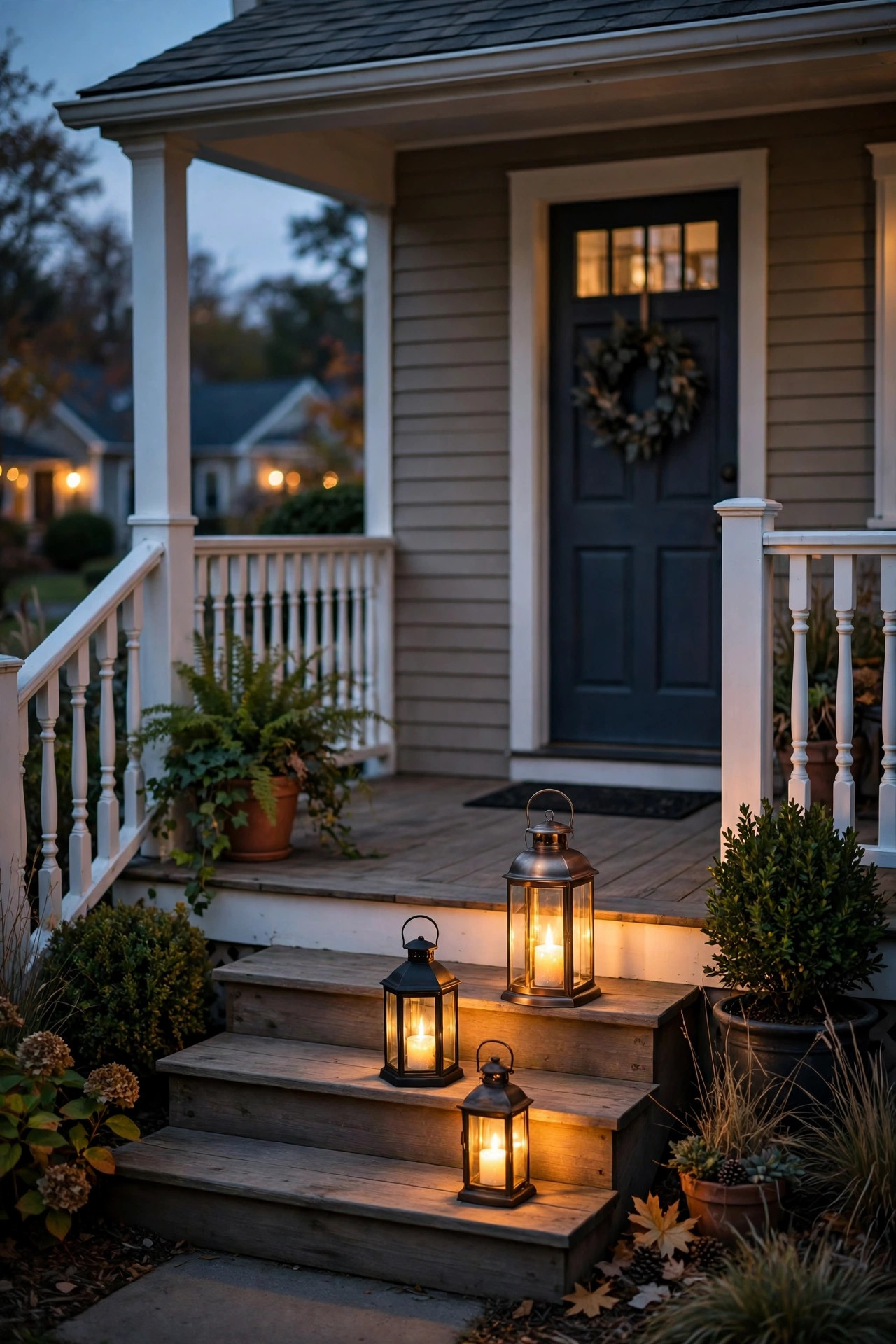 Three battery-operated lanterns of different heights glowing on the steps of an open porch