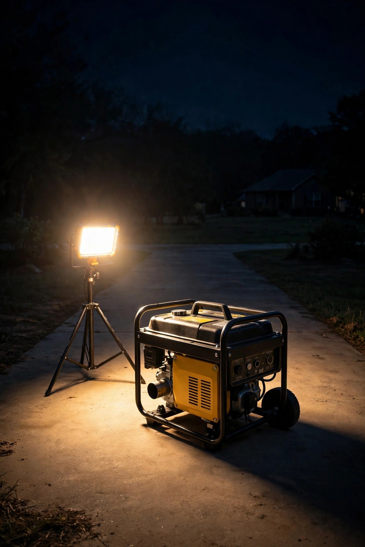 Battery LED work light on a tripod lighting a portable generator on a driveway at night, positioned well away from the house with clear space around it