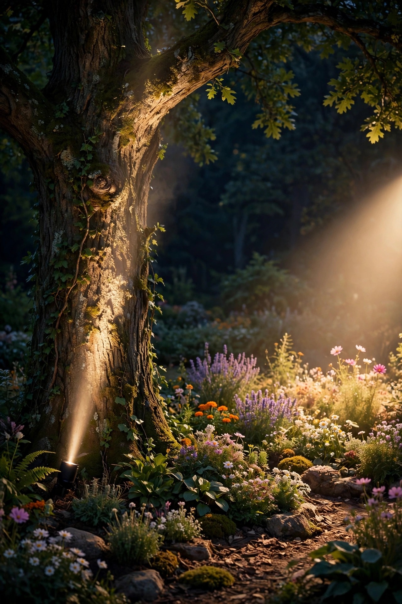 Night garden showing a narrow spotlight beam climbing an oak trunk beside a wide soft flood washing a flower bed, warm dusk tones