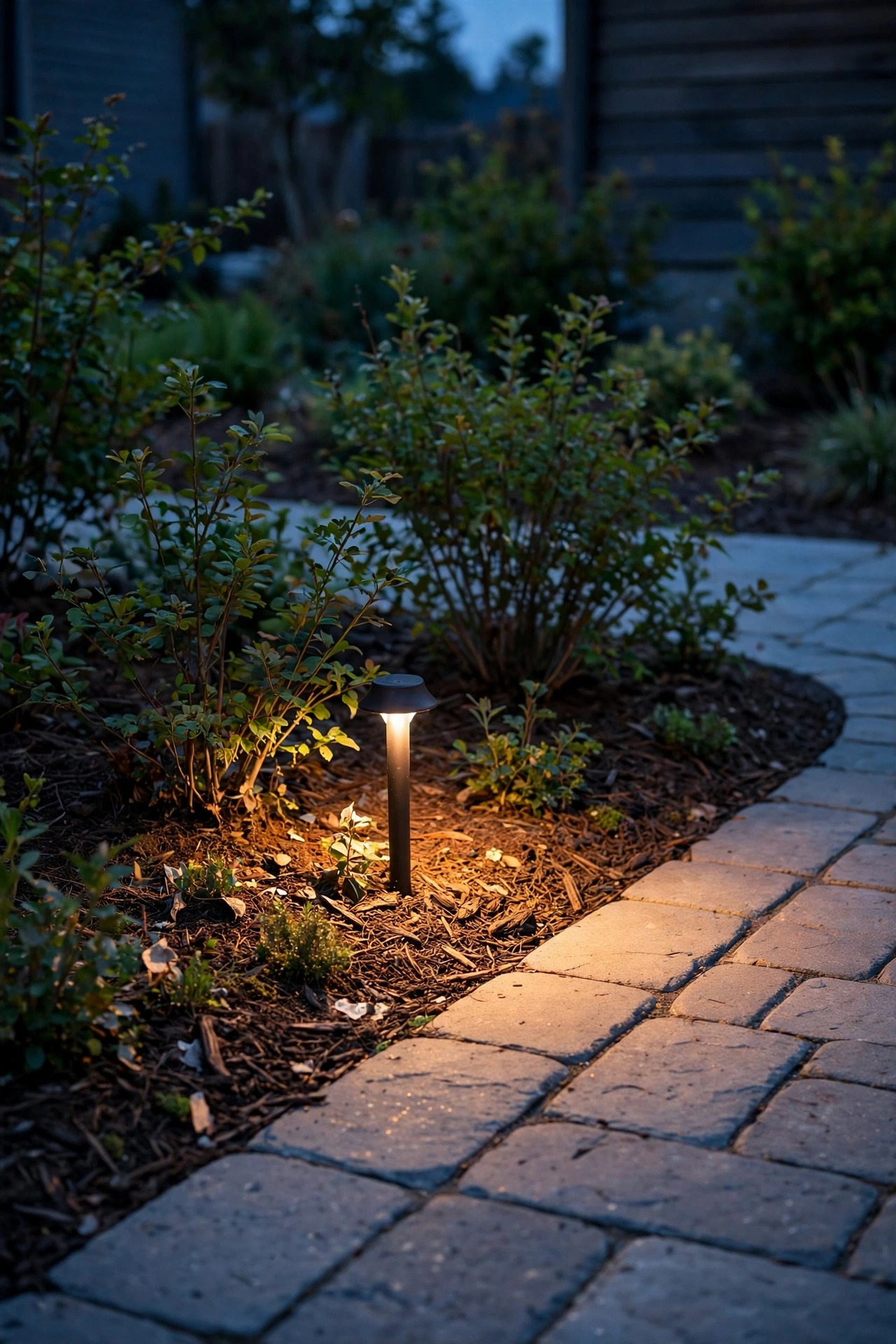 Small path light tucked discreetly into a mulched planting bed beside shrubs, warm glow spilling onto the front walk at dusk