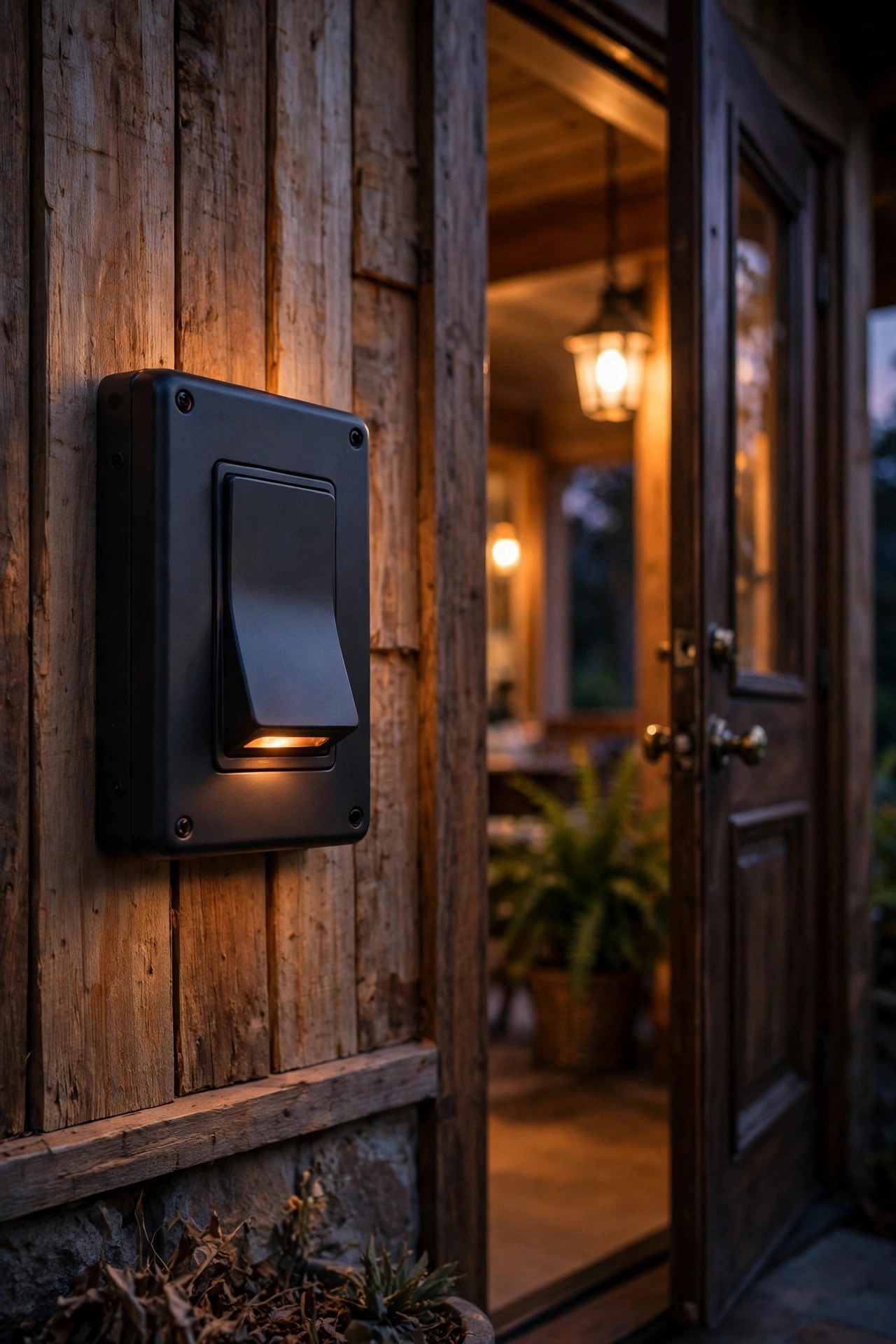 Oversized rocker light switch on a wall beside a front door at dusk with a soft locator glow, warm porch light visible beyond