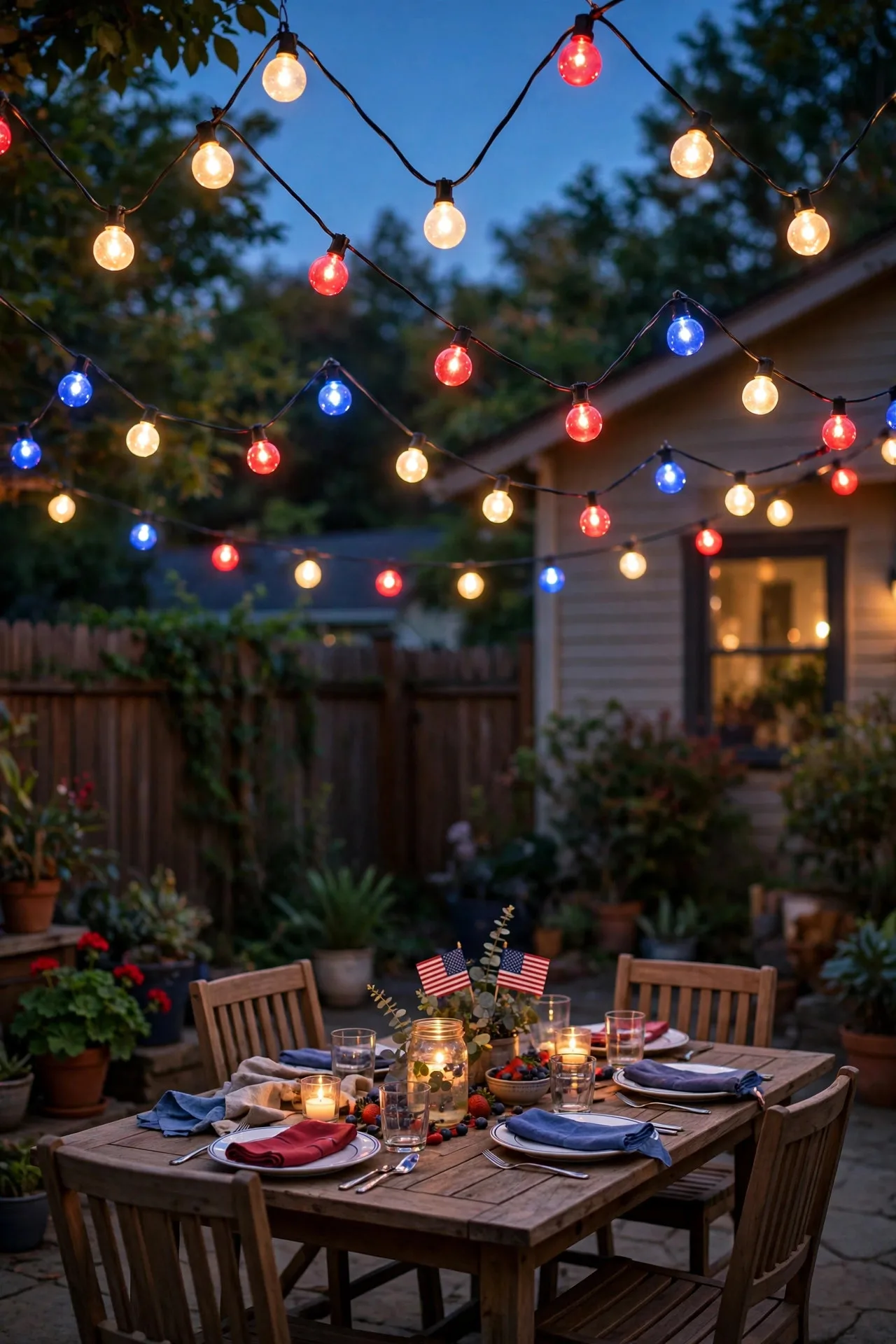 Bistro globe string lights zigzagging over a patio set for Fourth of July evening entertaining