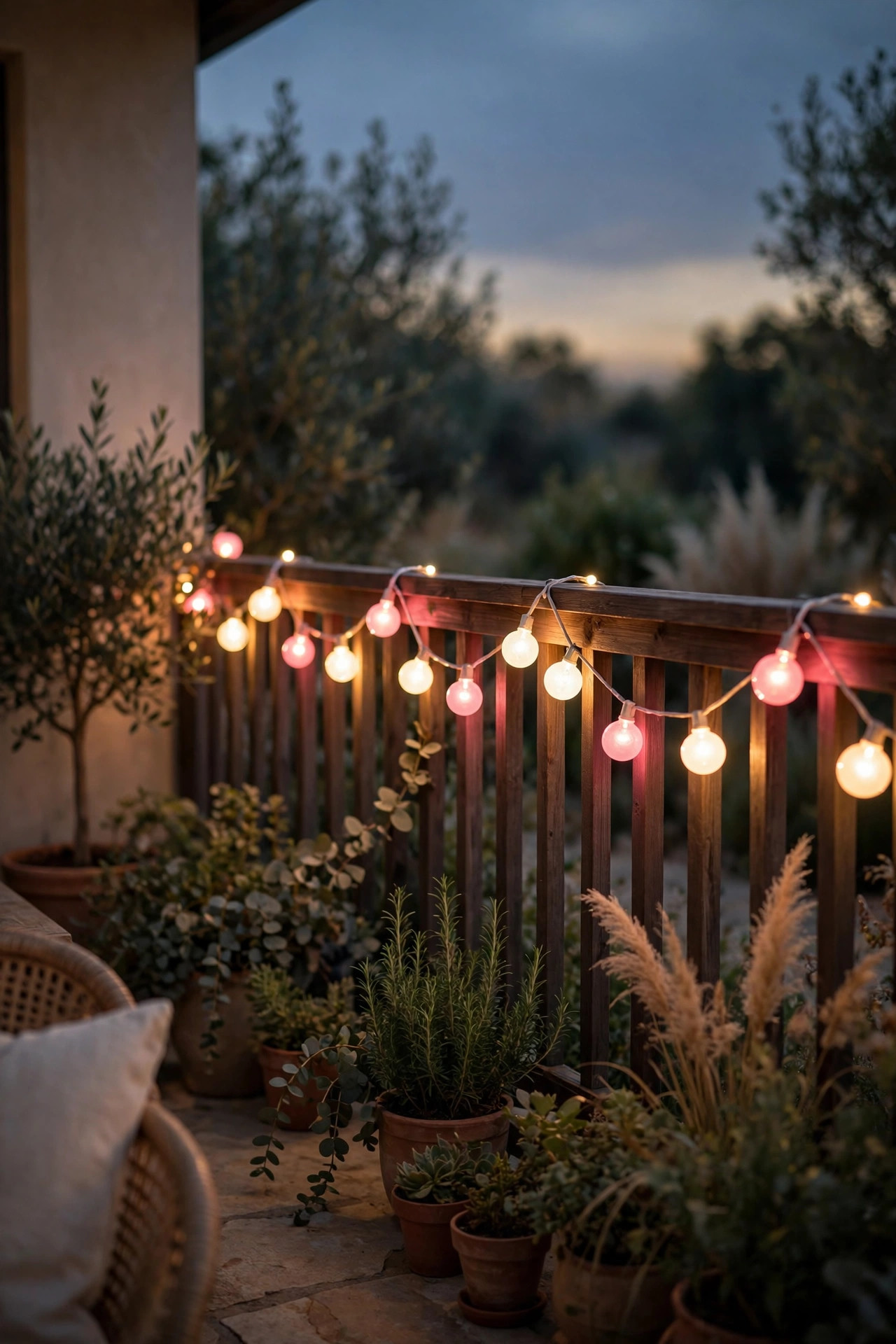 Blush pink and warm white string lights glowing along a patio railing at dusk