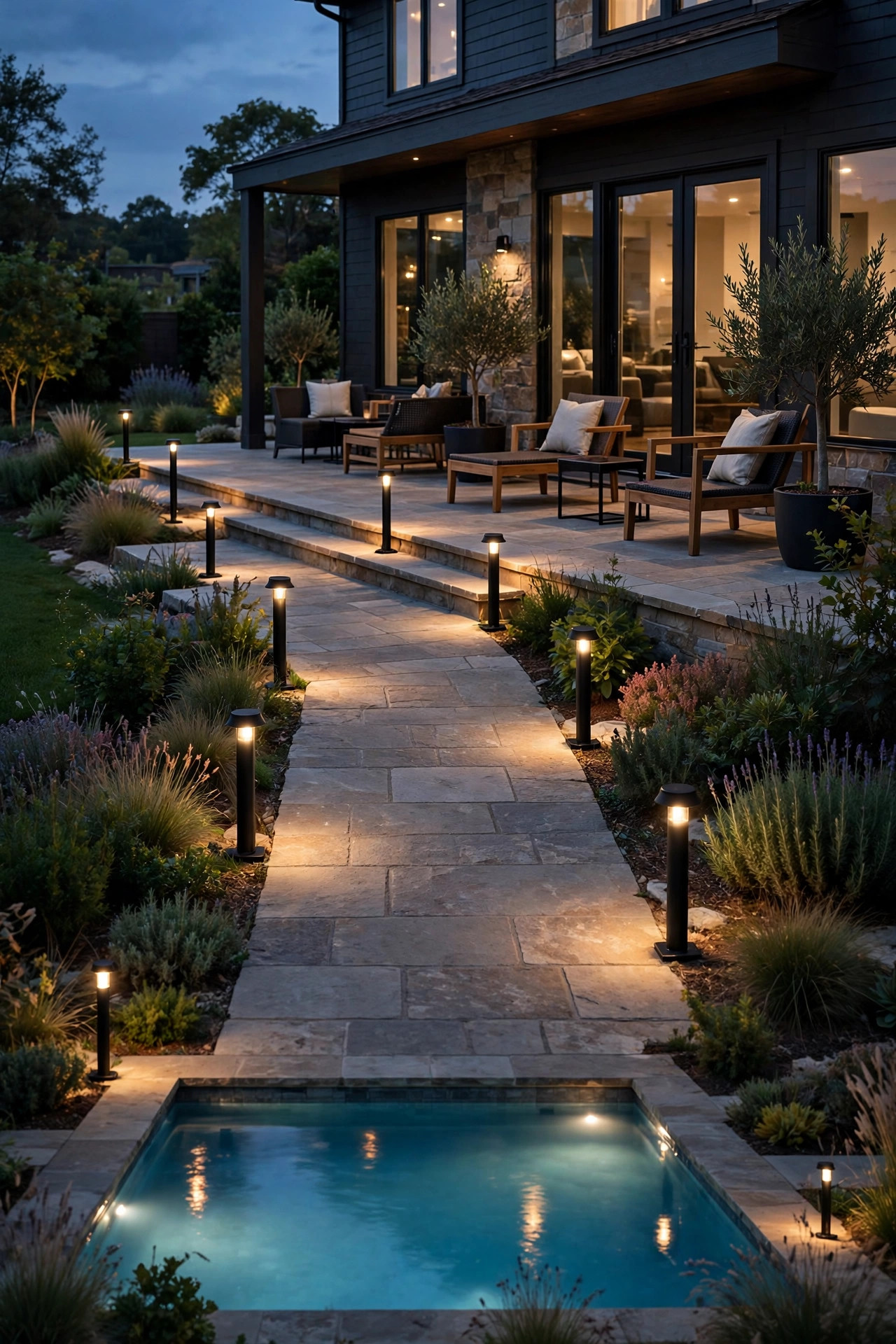 Short black bollard lights lining the walkway from a house patio down to a glowing backyard pool at dusk