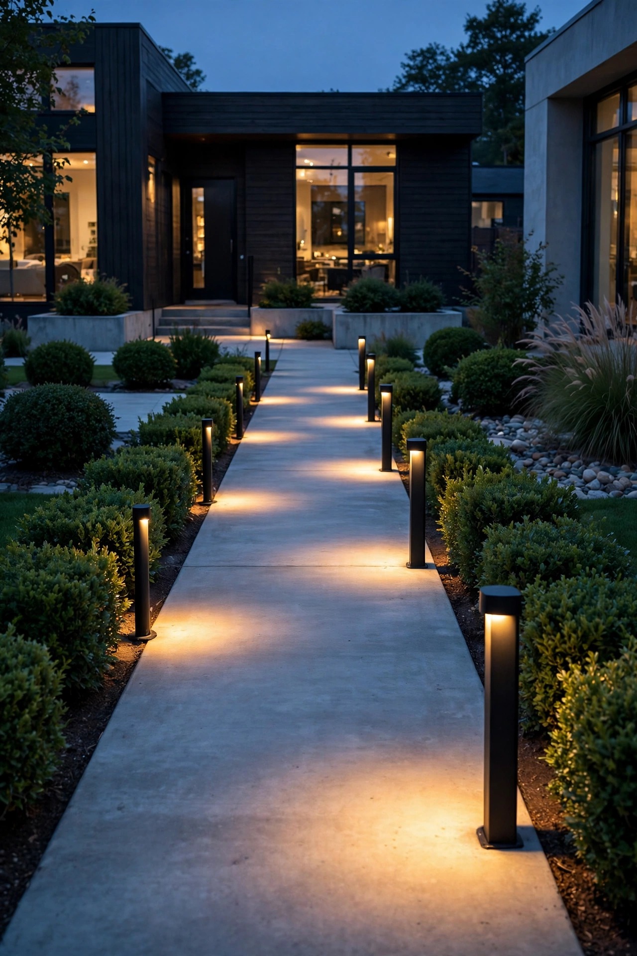 Short black bollard path lights casting downward pools of warm light along a straight contemporary concrete walkway at dusk, tidy shrubs and a modern house front