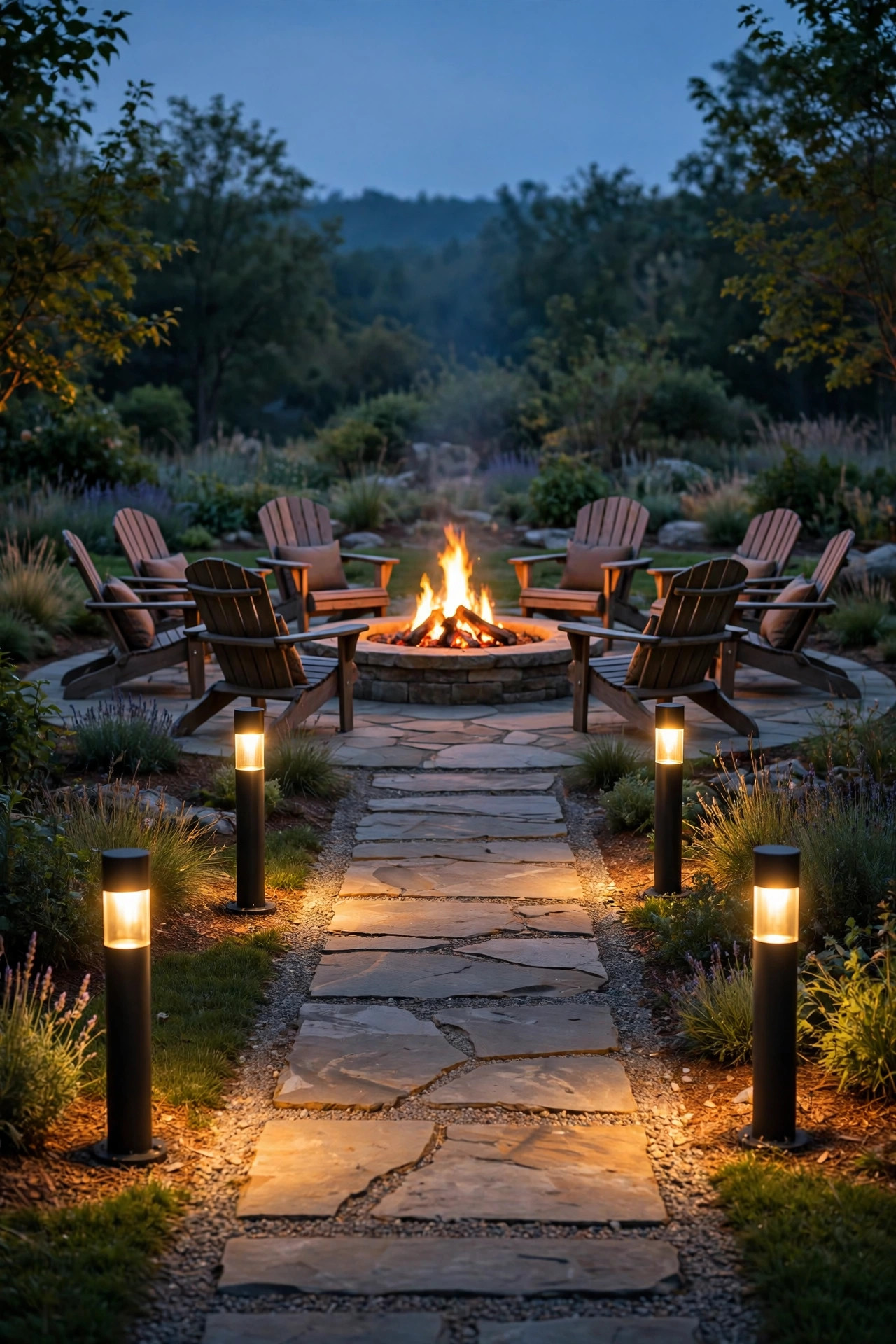 Short bollard lights marking a walkway leading to a fire pit seating circle
