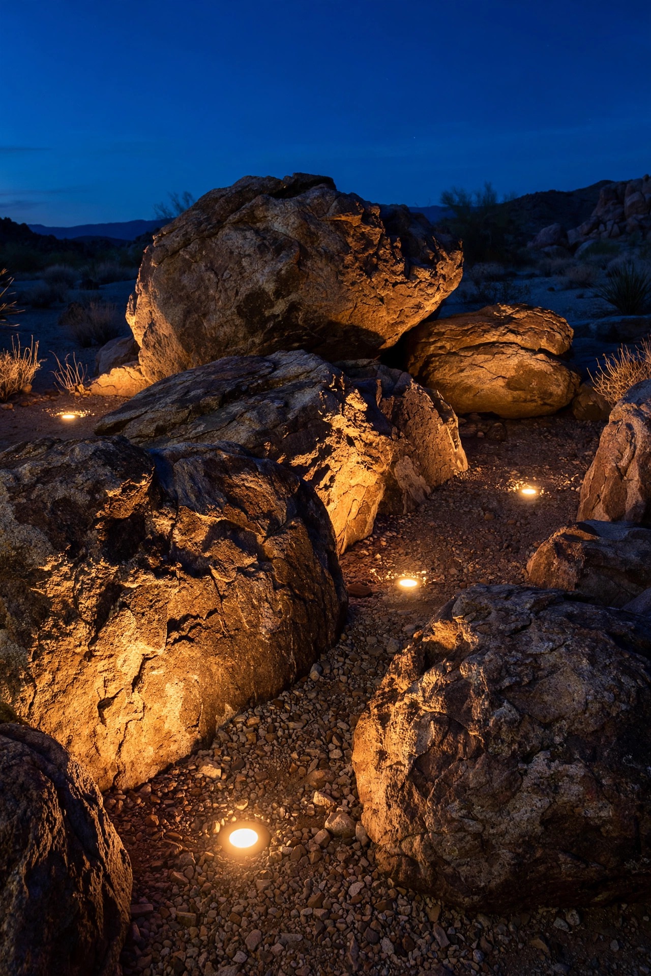 Large desert boulders in a gravel bed at night grazed by warm light from recessed well lights, rock texture and shadows sharply defined