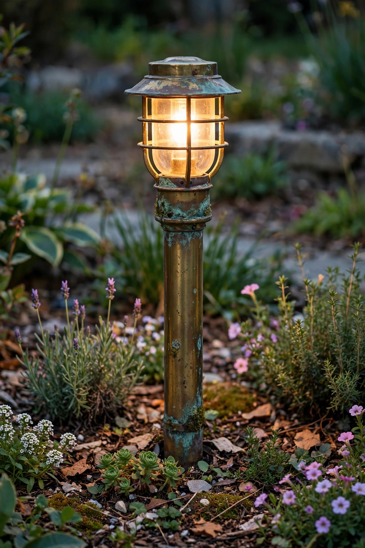 Solid brass path light with a rich aged patina standing in a flower bed, glowing warmly at dusk after years outdoors