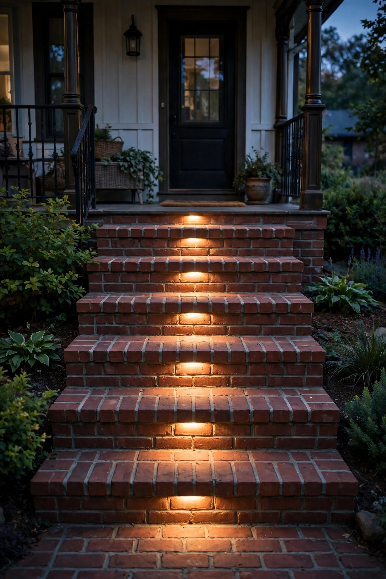 Warm step lights illuminating the treads of brick steps leading up to a front porch