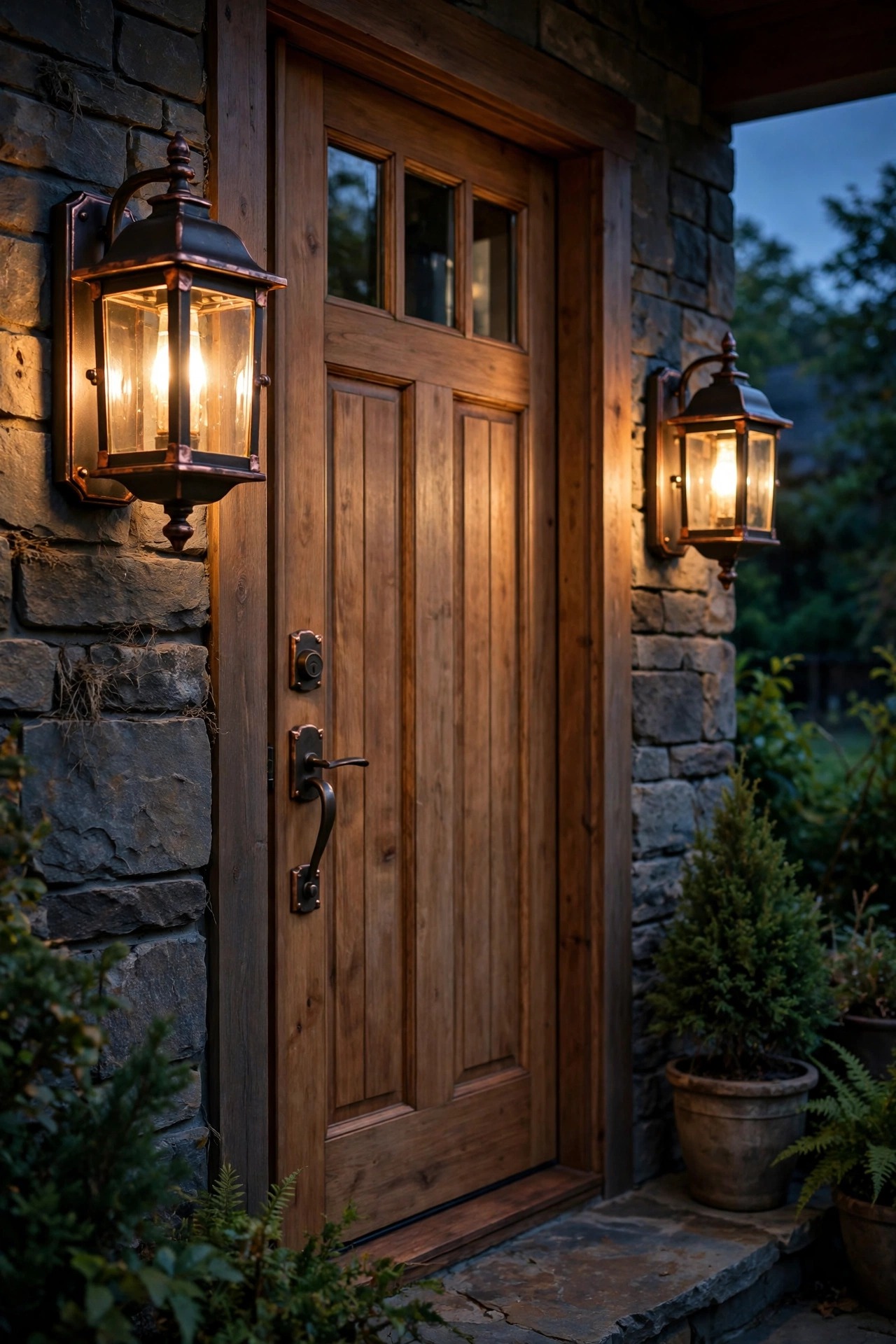 Oil-rubbed bronze craftsman porch fixtures with aged copper accents beside a wooden front door at dusk