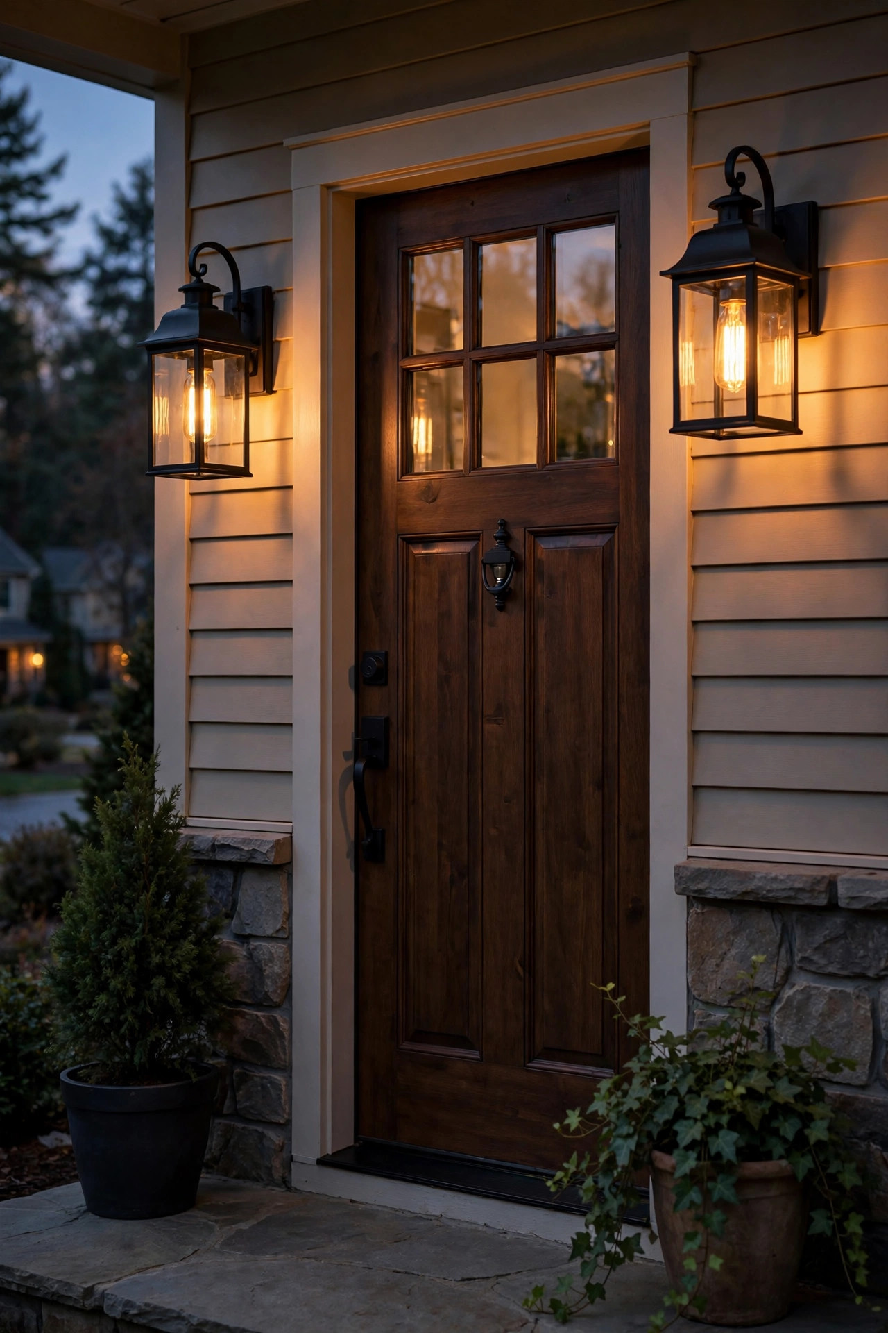Warm 2700K LED filament bulbs glowing inside lantern-style front door sconces