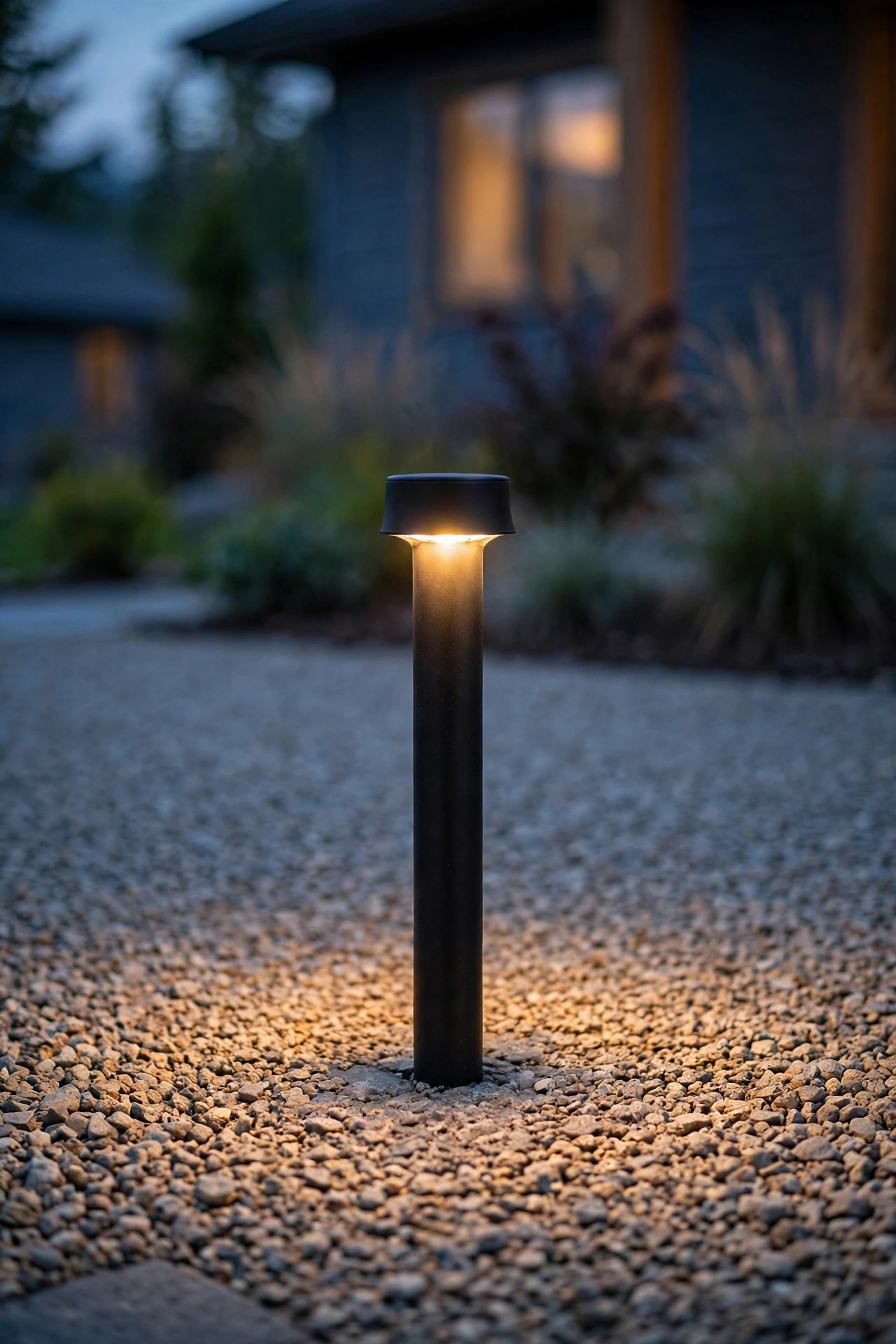 Path light standing perfectly straight on a hidden paver pad beneath the surface of a gravel driveway
