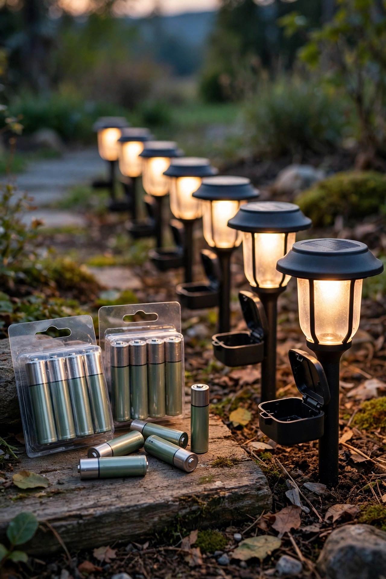 Multipacks of rechargeable batteries beside a row of solar path lights waiting for new batteries
