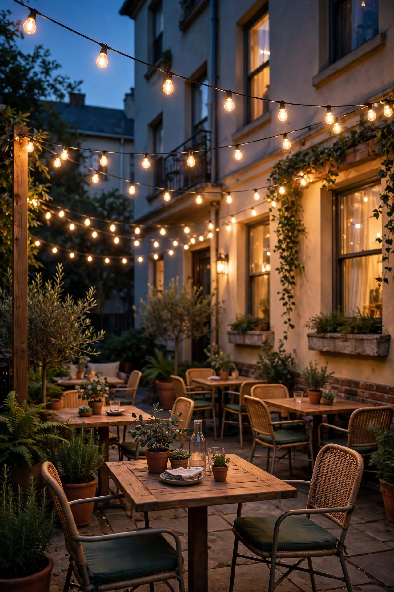 Plug-in cafe string lights in soft swags over a ground-floor apartment patio seating area at dusk