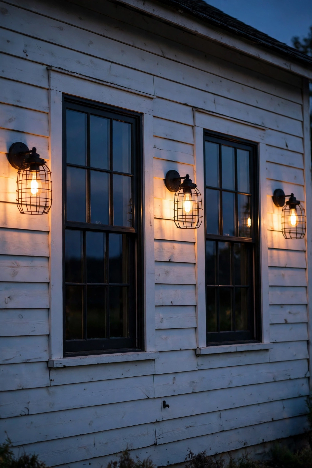 Wire-cage farmhouse wall sconces with exposed filament bulbs glowing beside front windows