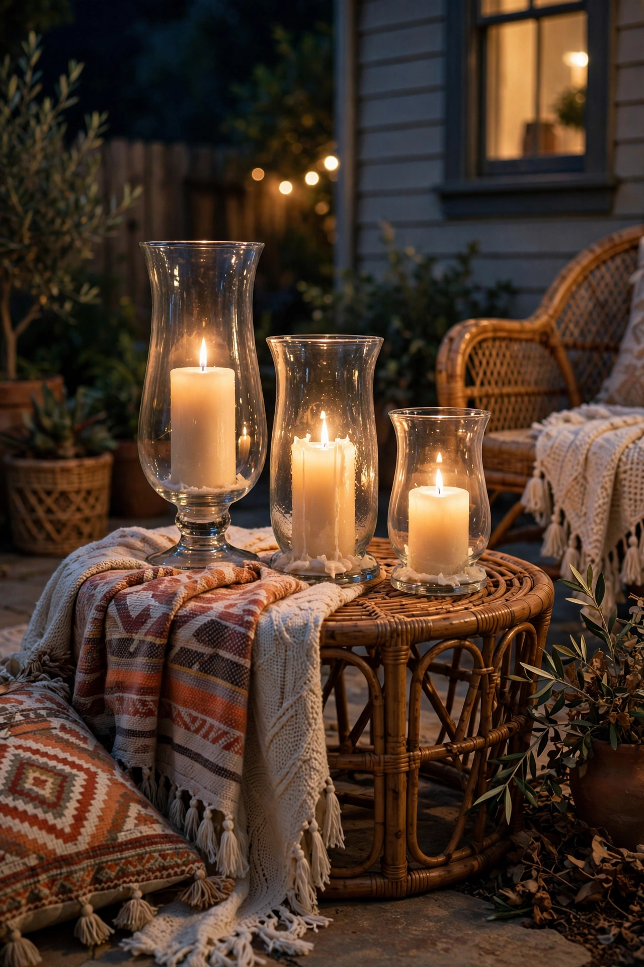 Three hurricane glass candle holders of varying heights glowing on a boho patio table