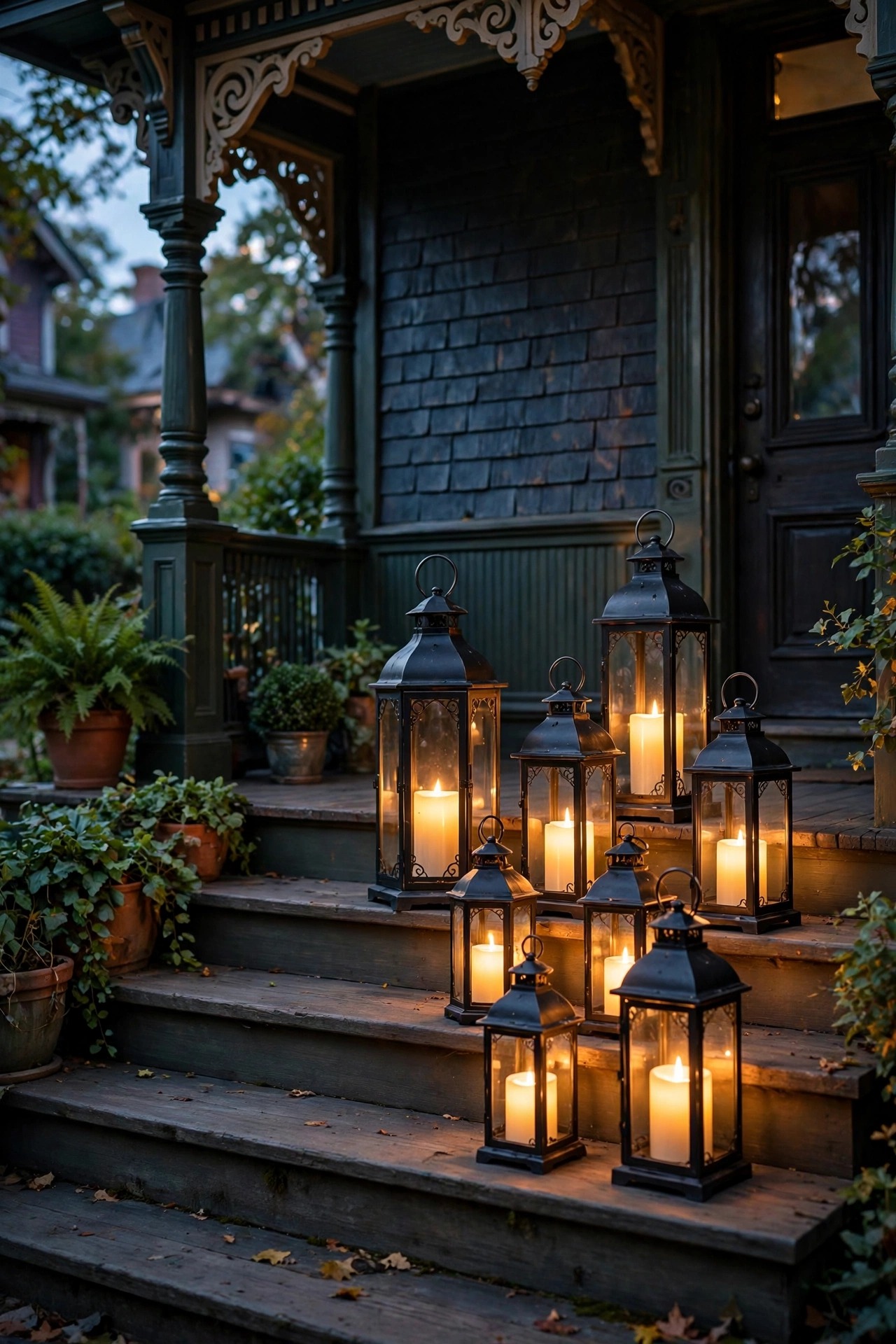 Cluster of black metal flameless candle lanterns at staggered heights glowing on Victorian porch steps at dusk