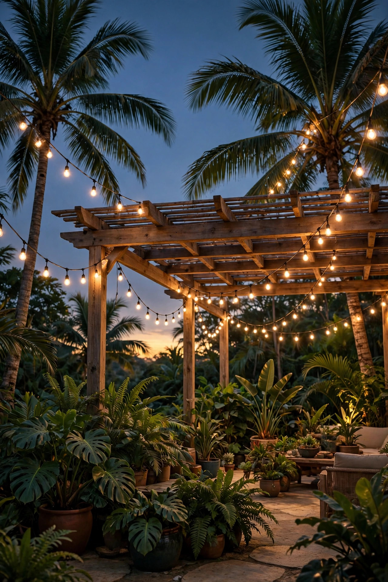 Warm string lights swagged between palm trees and a pergola over a tropical patio at dusk with lush plants below