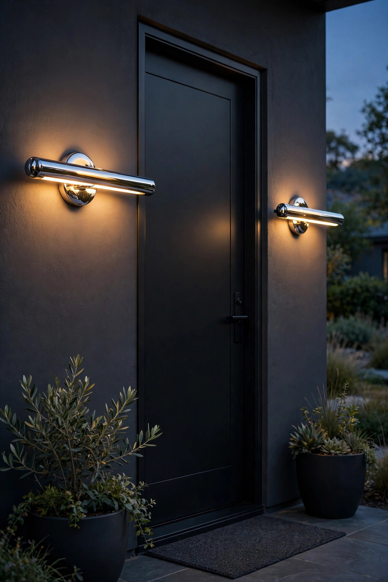 Polished chrome modern bar sconces beside a sleek black front door, reflective fixtures popping against matte paint