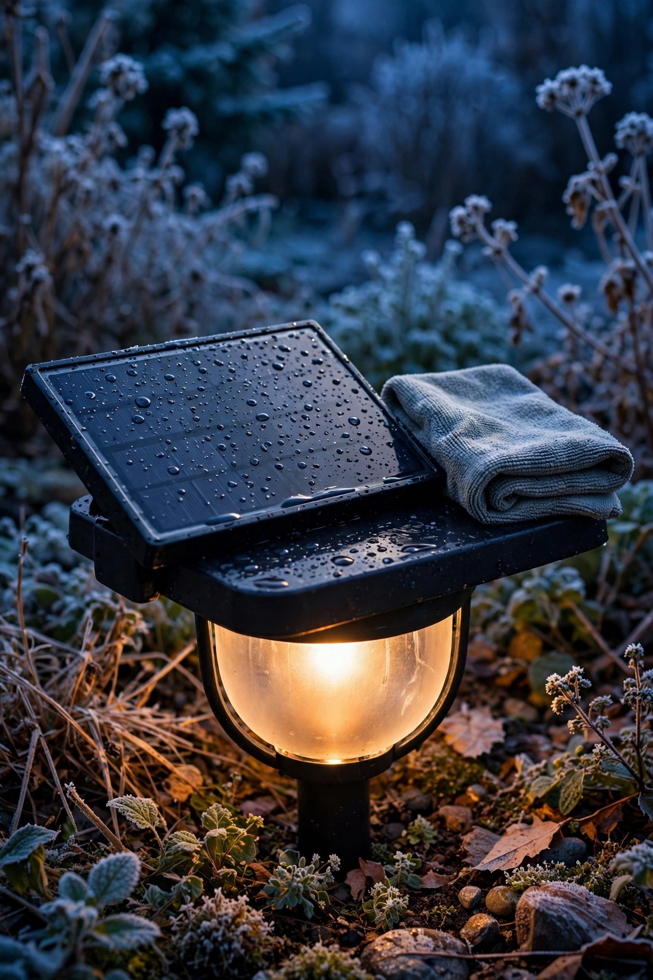 Microfiber cloth resting beside a freshly washed solar panel on a winter garden light, panel face gleaming against dull frosted surroundings