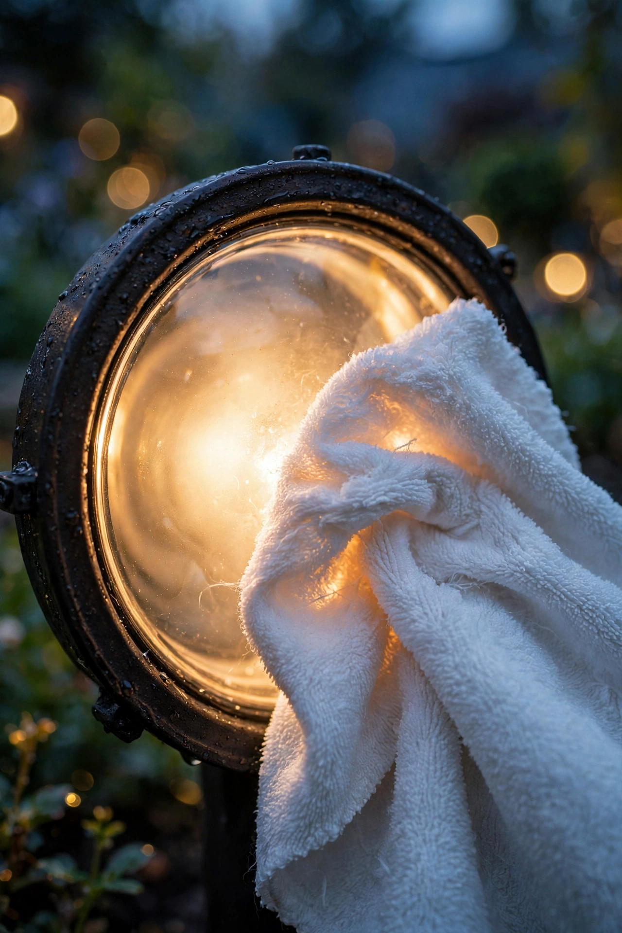 Hands wiping a landscape light lens with a microfiber cloth, warm light glowing through the cleaned glass
