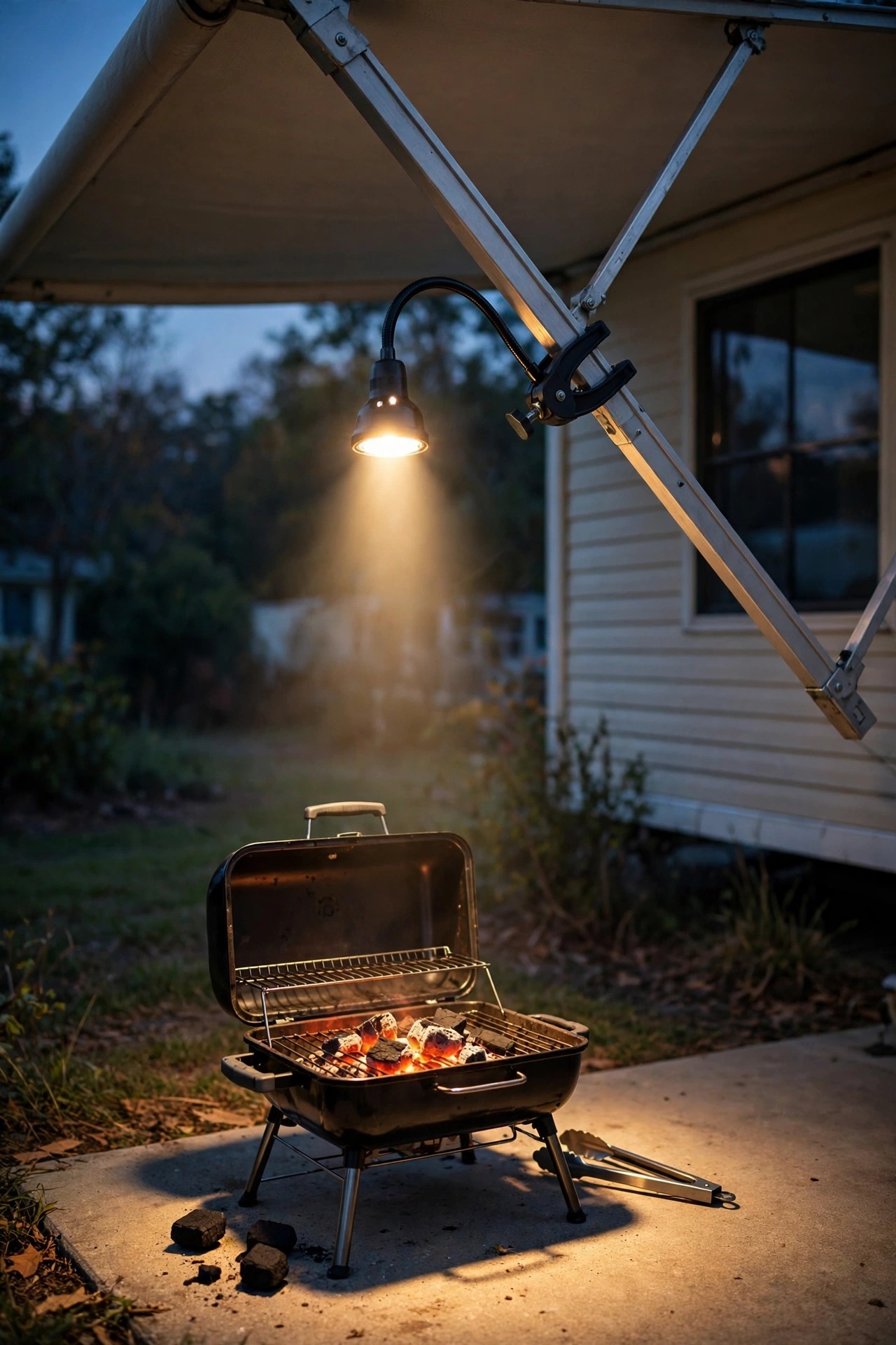 Clamp-on gooseneck LED light attached to a mobile home awning support arm, shining a bright pool of light down onto a small grill at dusk