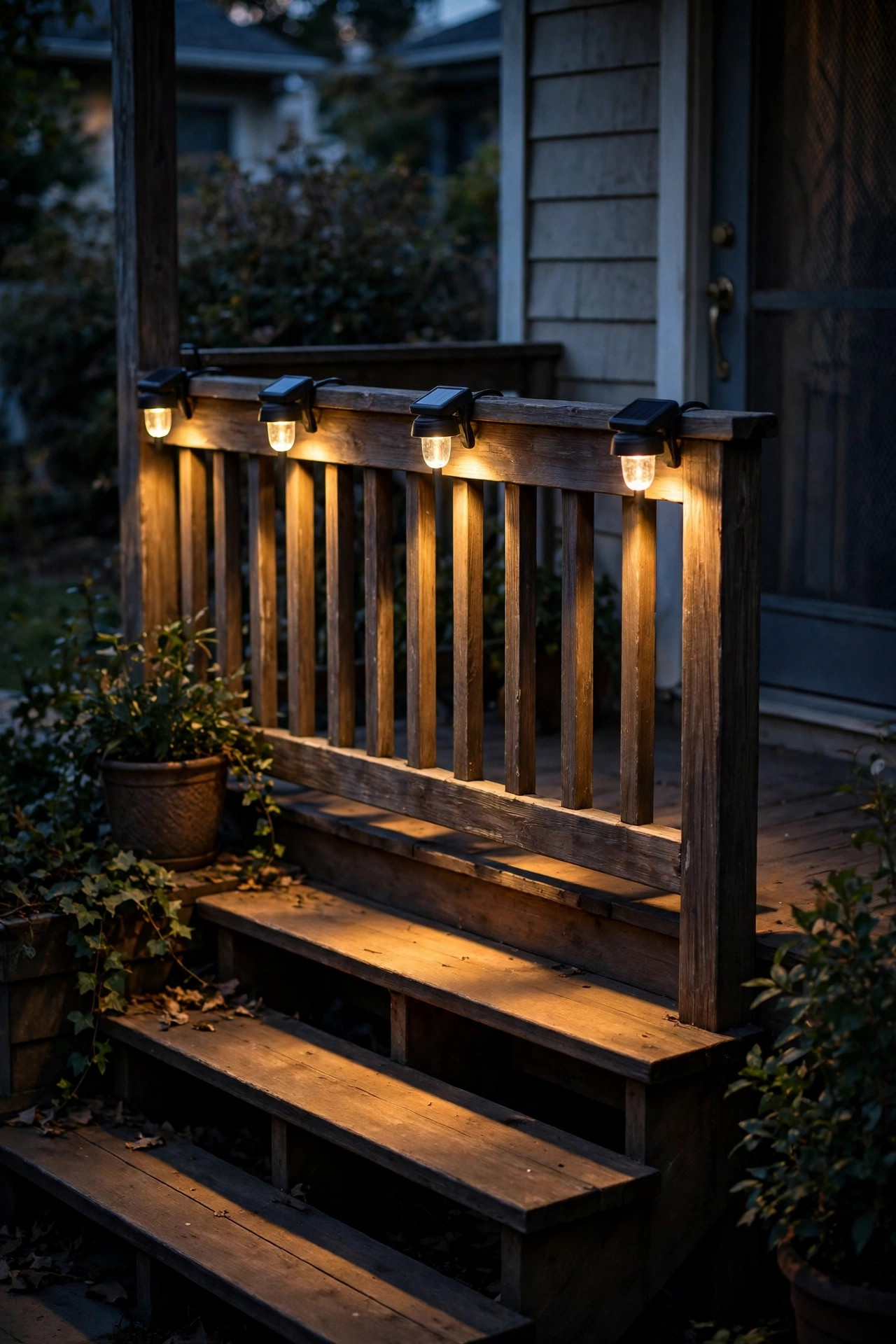 Clip-on solar railing lights washing warm light down over rental porch steps