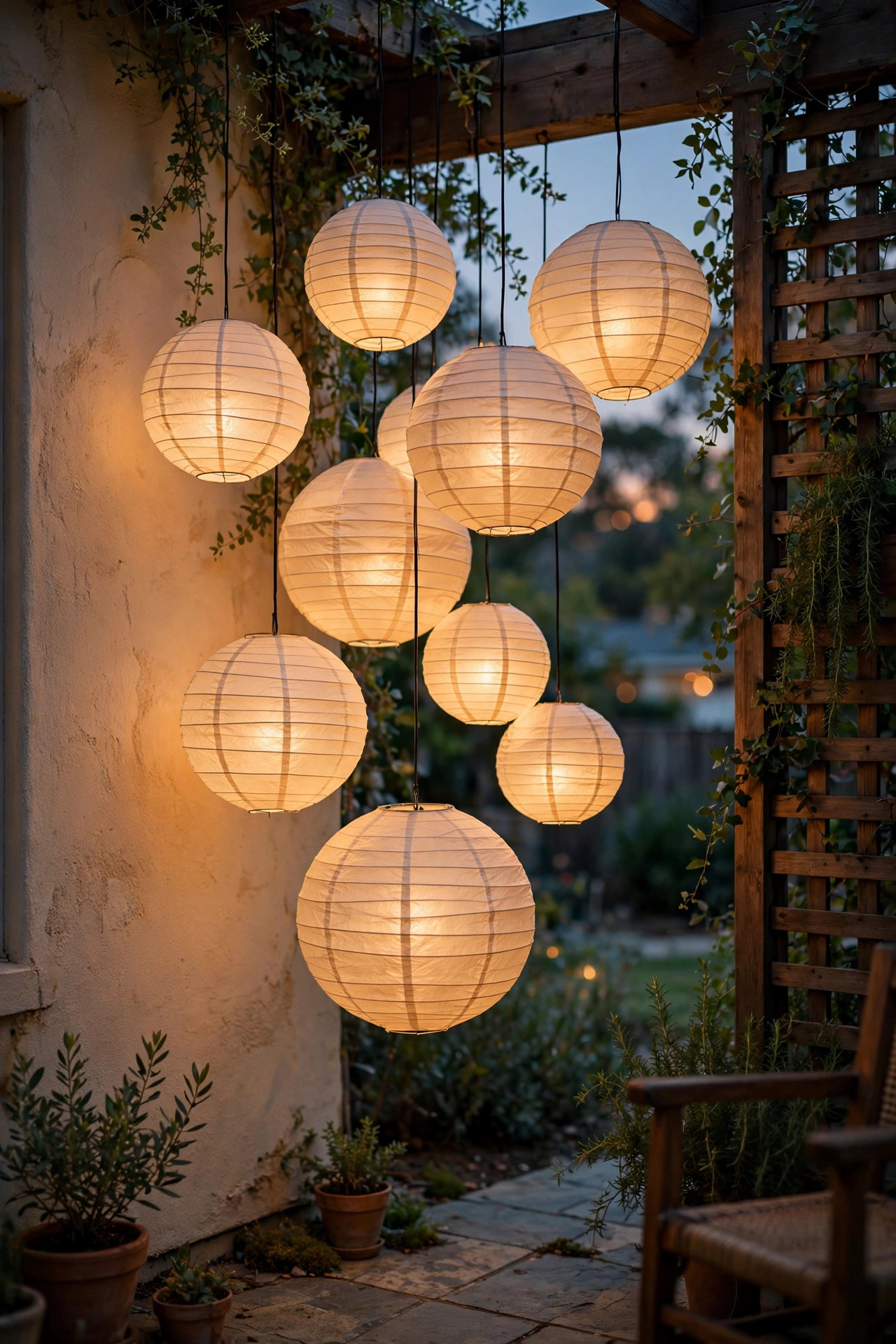Cluster of paper lanterns in mixed sizes hanging at staggered heights in a patio corner