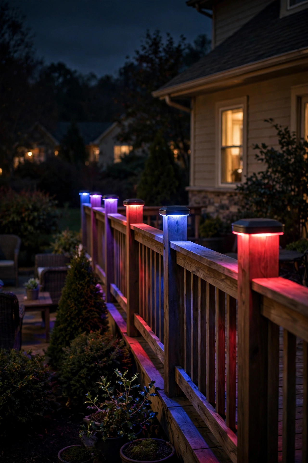 Color-changing deck post cap lights glowing in festive colors along a railing at night