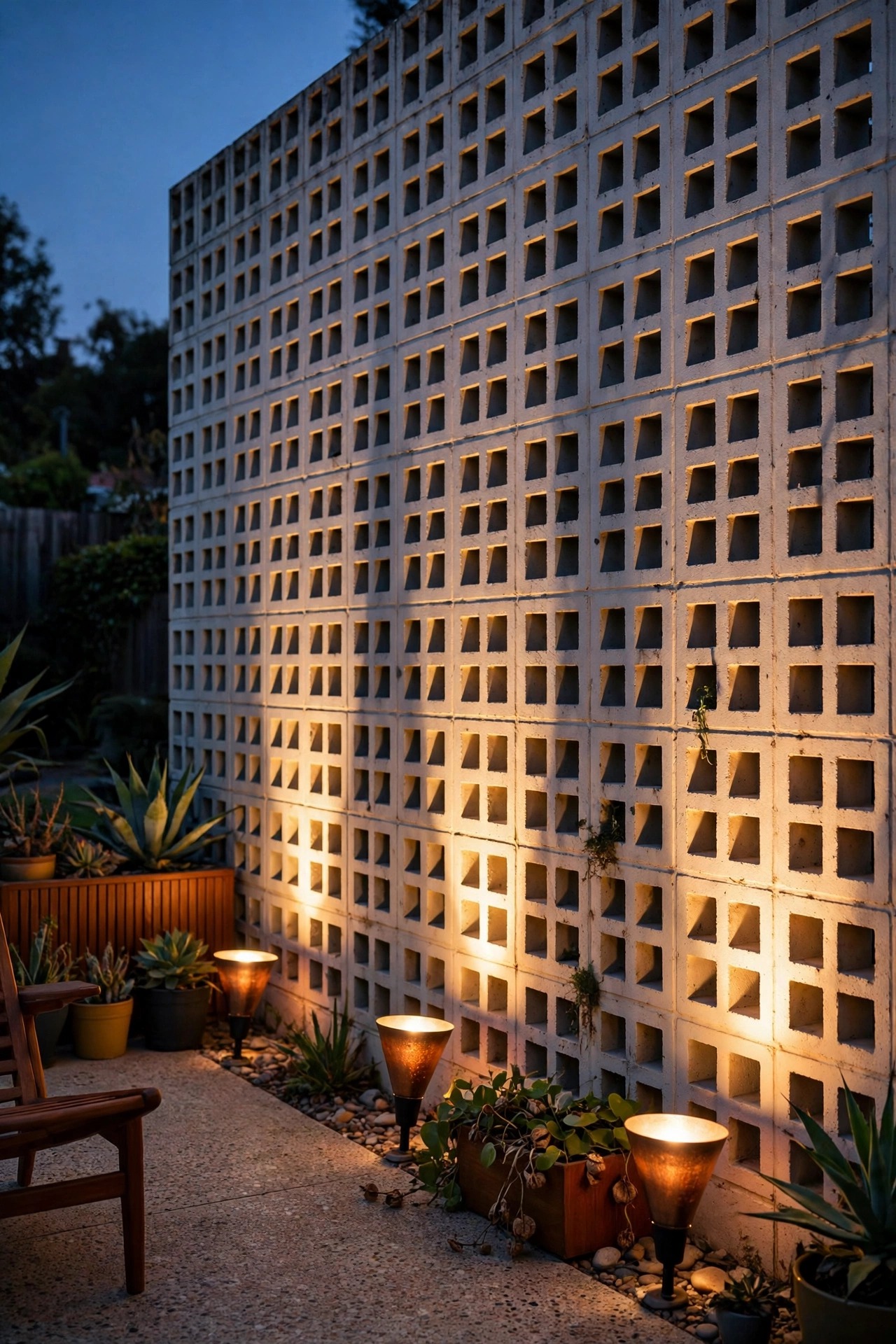 Retro cone uplights grazing a breeze block wall with warm light and long shadows on a mid-century patio at dusk