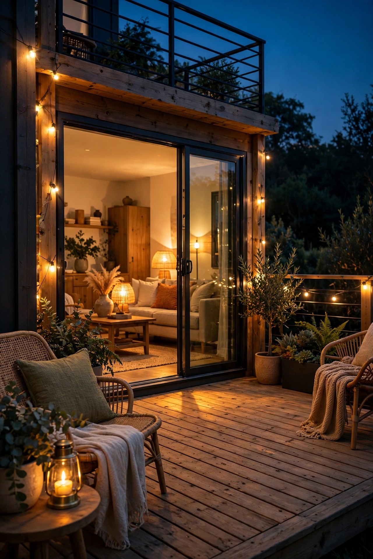 Deck at night with warm 2700K golden lighting that matches the warm glow spilling through sliding glass doors from the living room inside, seamless indoor outdoor evening feel