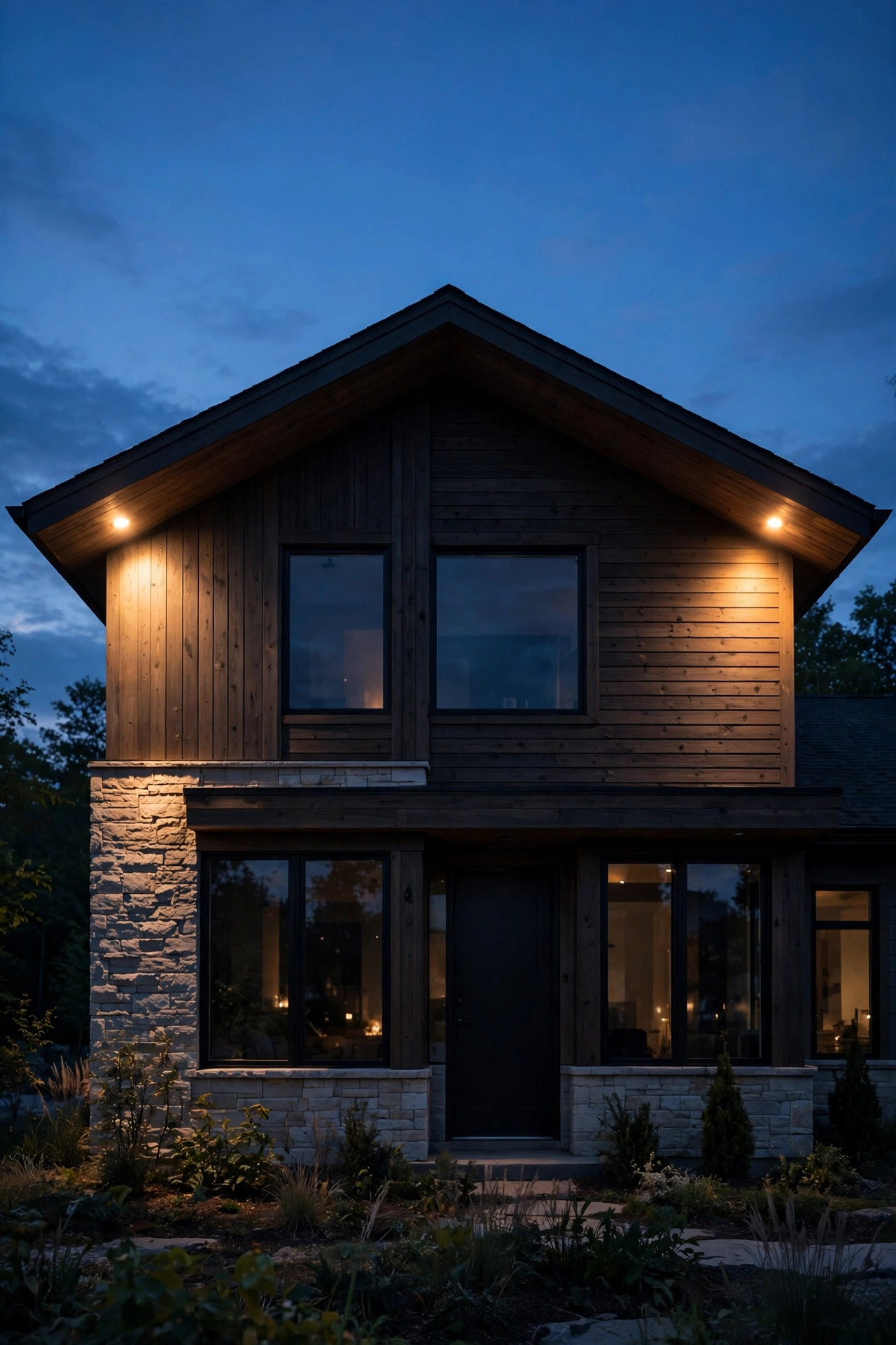 Soffit downlights at both front corners of a house framing the facade with warm light at twilight