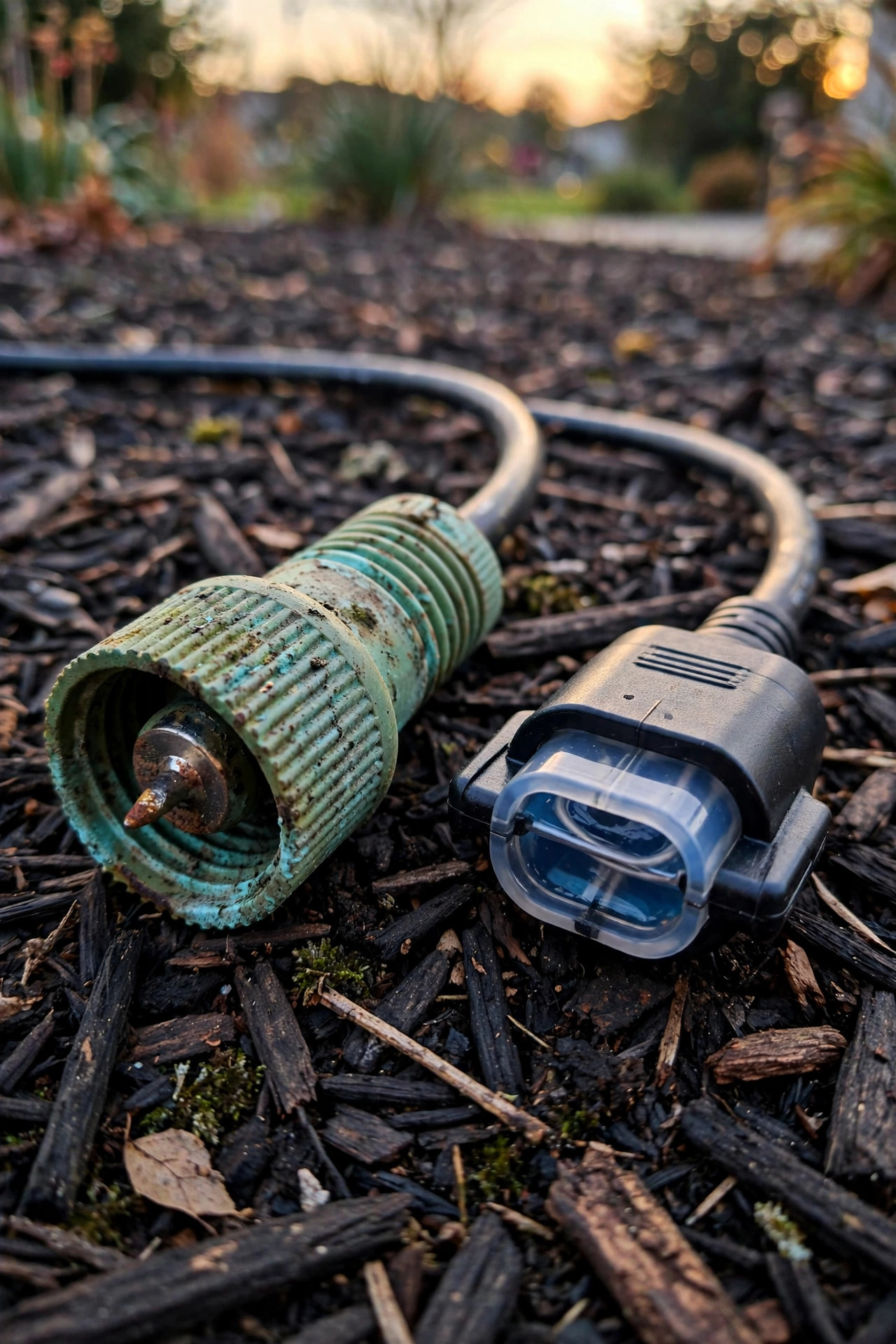 Close-up of a corroded green pierce-point landscape lighting connector beside a fresh waterproof gel-filled connector on dark mulch