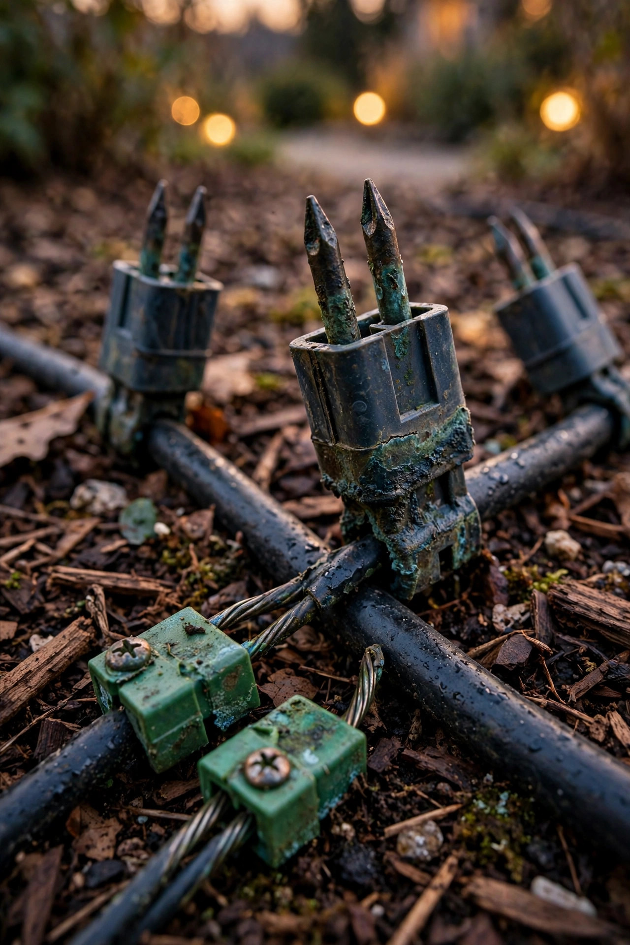 Corroded pierce-point wire connectors and green terminals on a landscape lighting cable in garden mulch