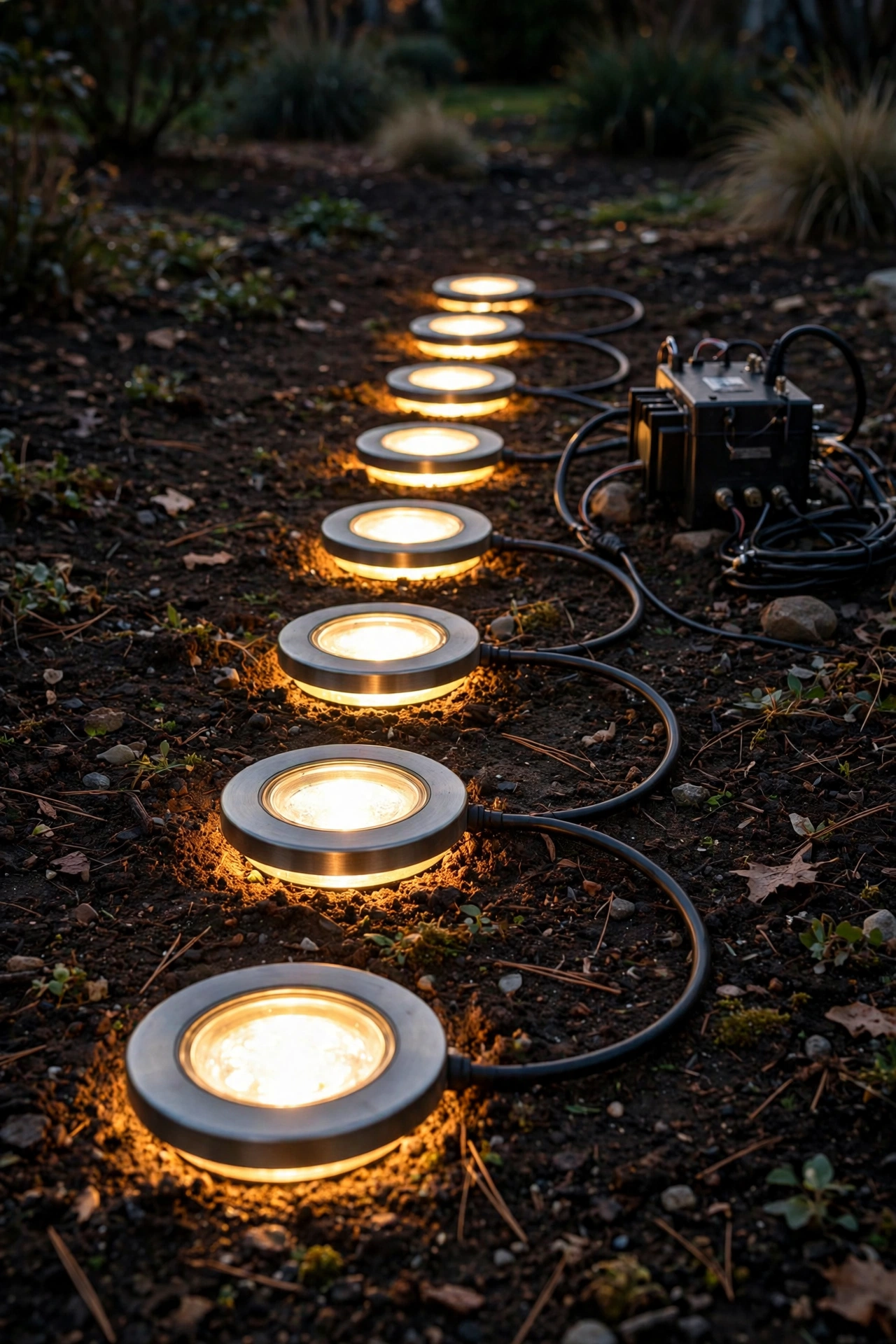 Row of LED well lights and a low-voltage transformer laid out for a DIY wall washing exterior lighting project