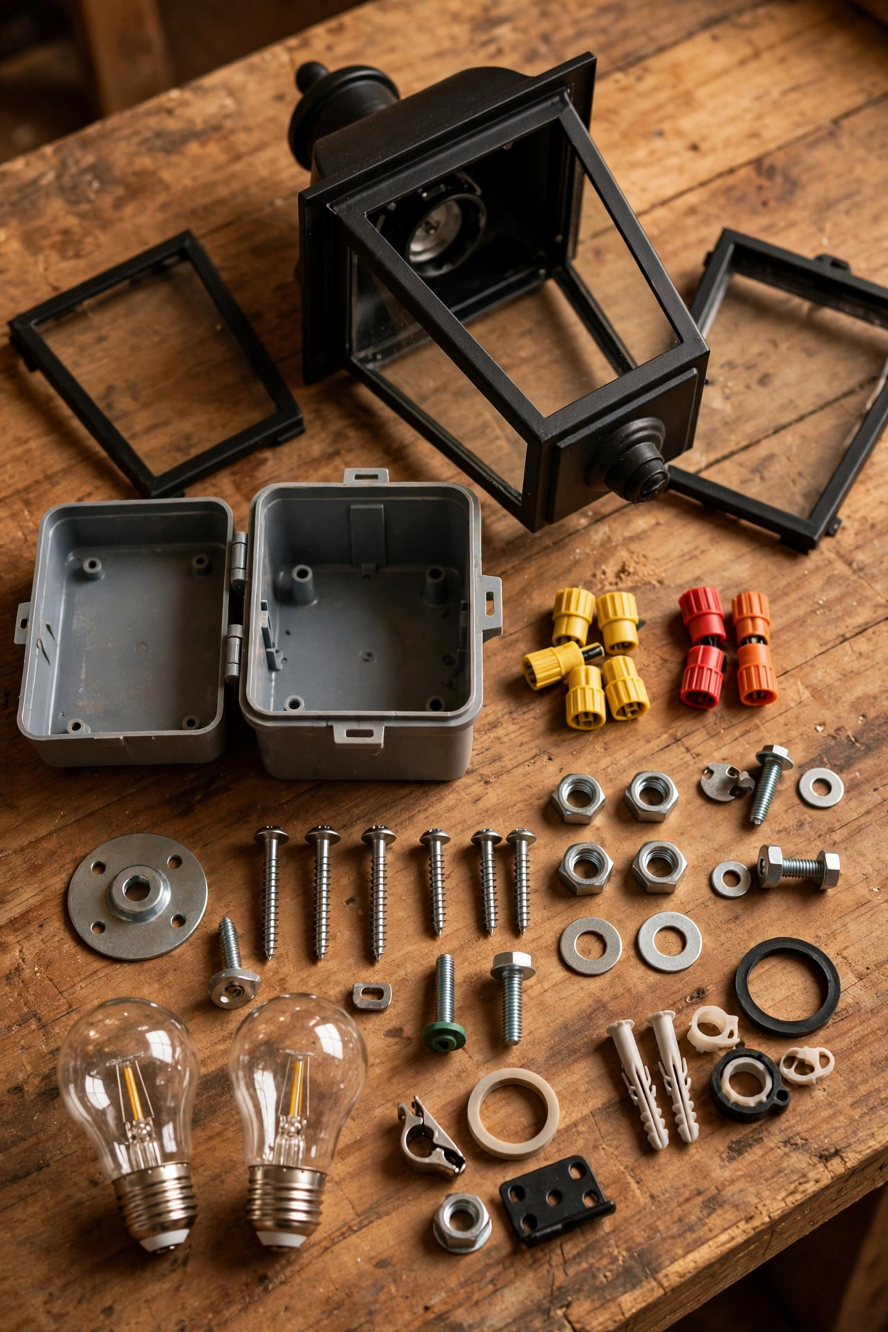 Porch light fixture, LED bulbs, junction box and mounting hardware arranged neatly, the parts behind an electrician's porch light installation cost