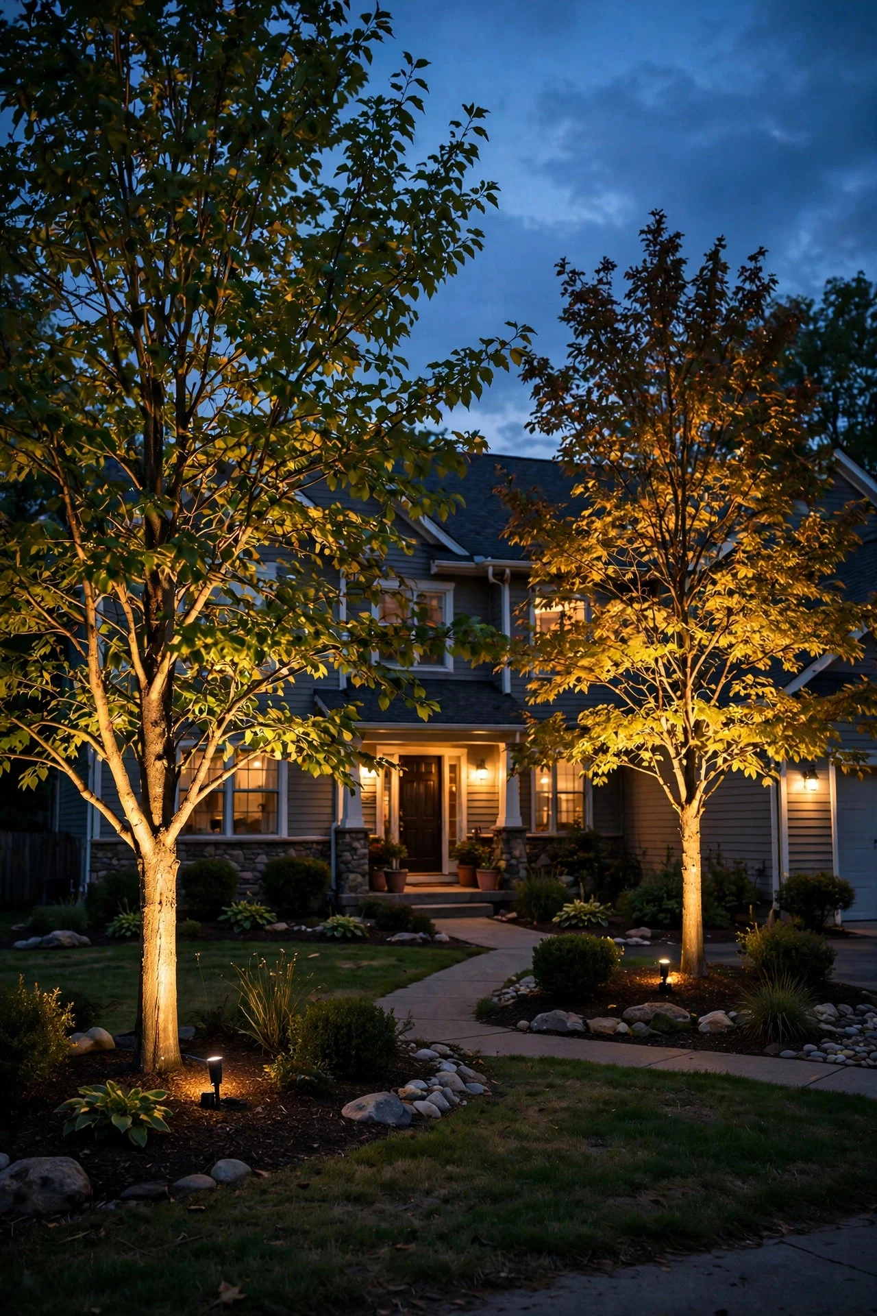 Suburban front yard at dusk with two trees warmly uplit, showing the finished result of an affordable DIY lighting project