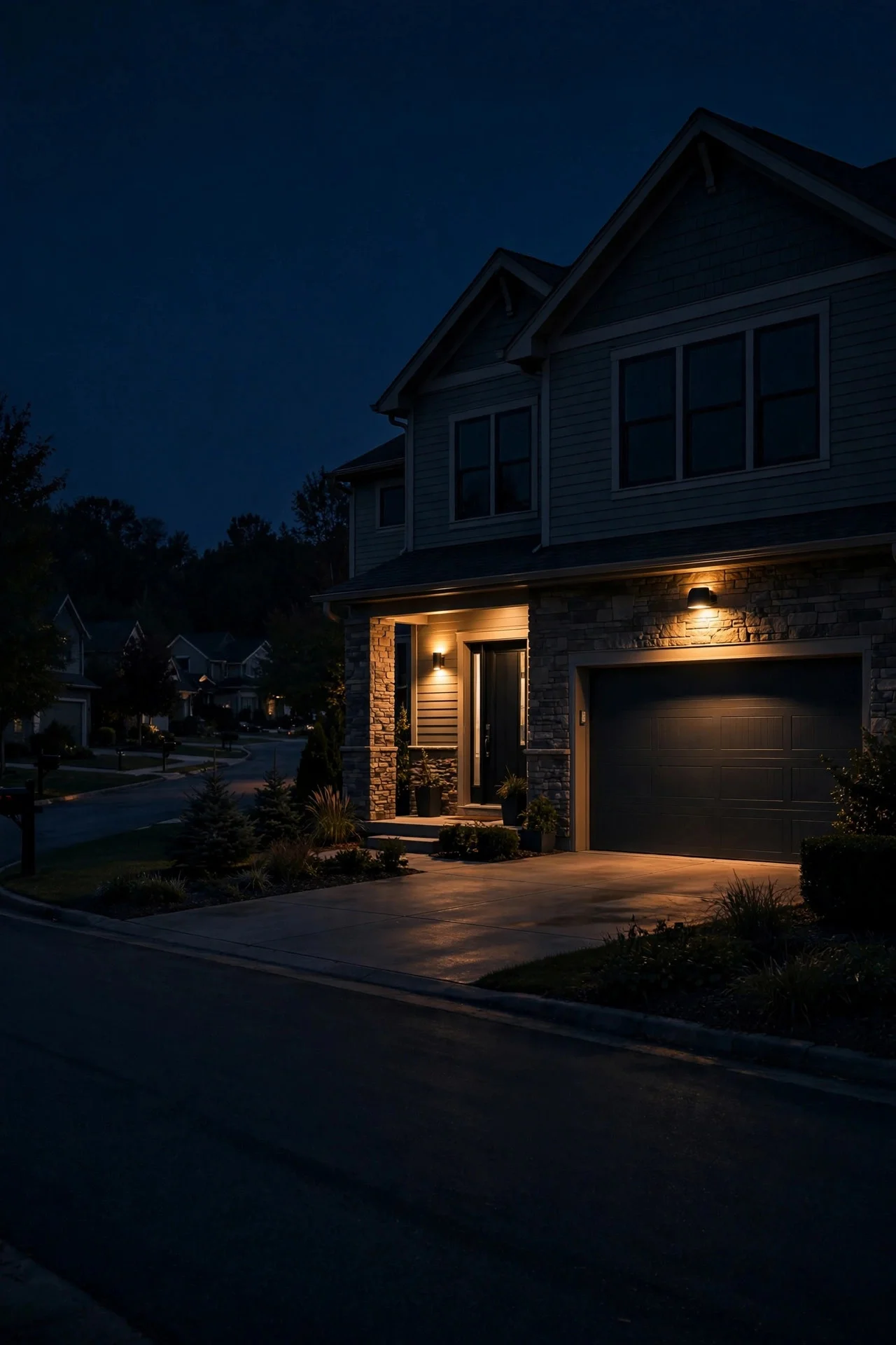 Suburban home at night with selective warm lighting glowing only at the entry and garage, illustrating energy-efficient motion sensor lighting, dark quiet street