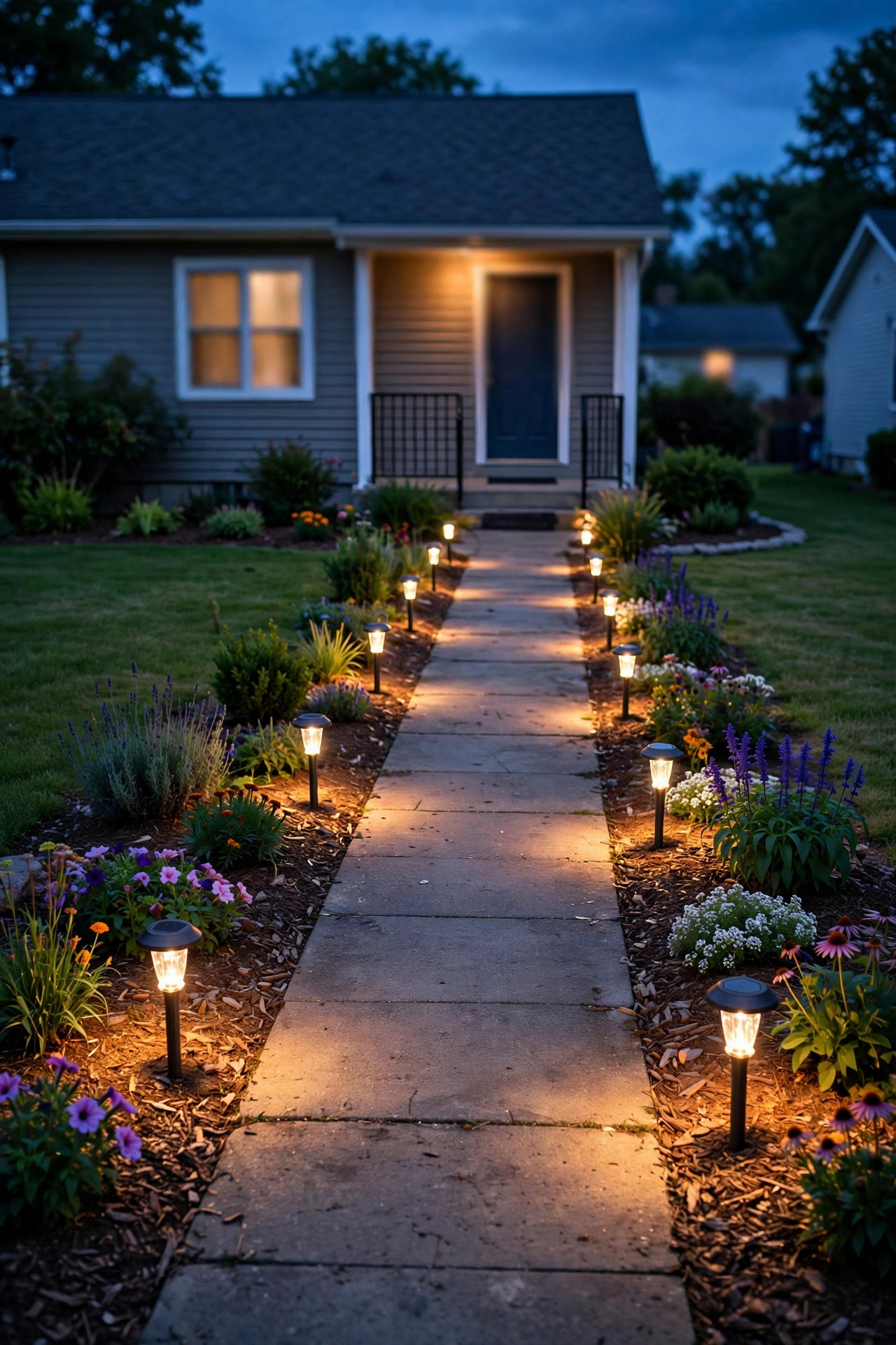 Budget-friendly solar path lights lining a front walkway showing value lighting setup at dusk