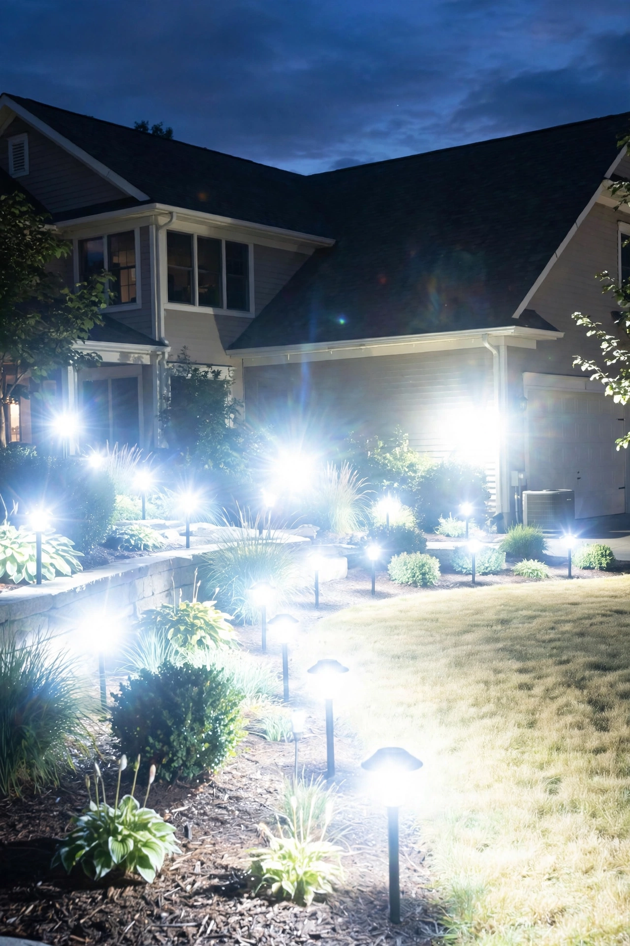 Over-lit yard with too many bright landscape lights creating glare, showing a common costly lighting mistake