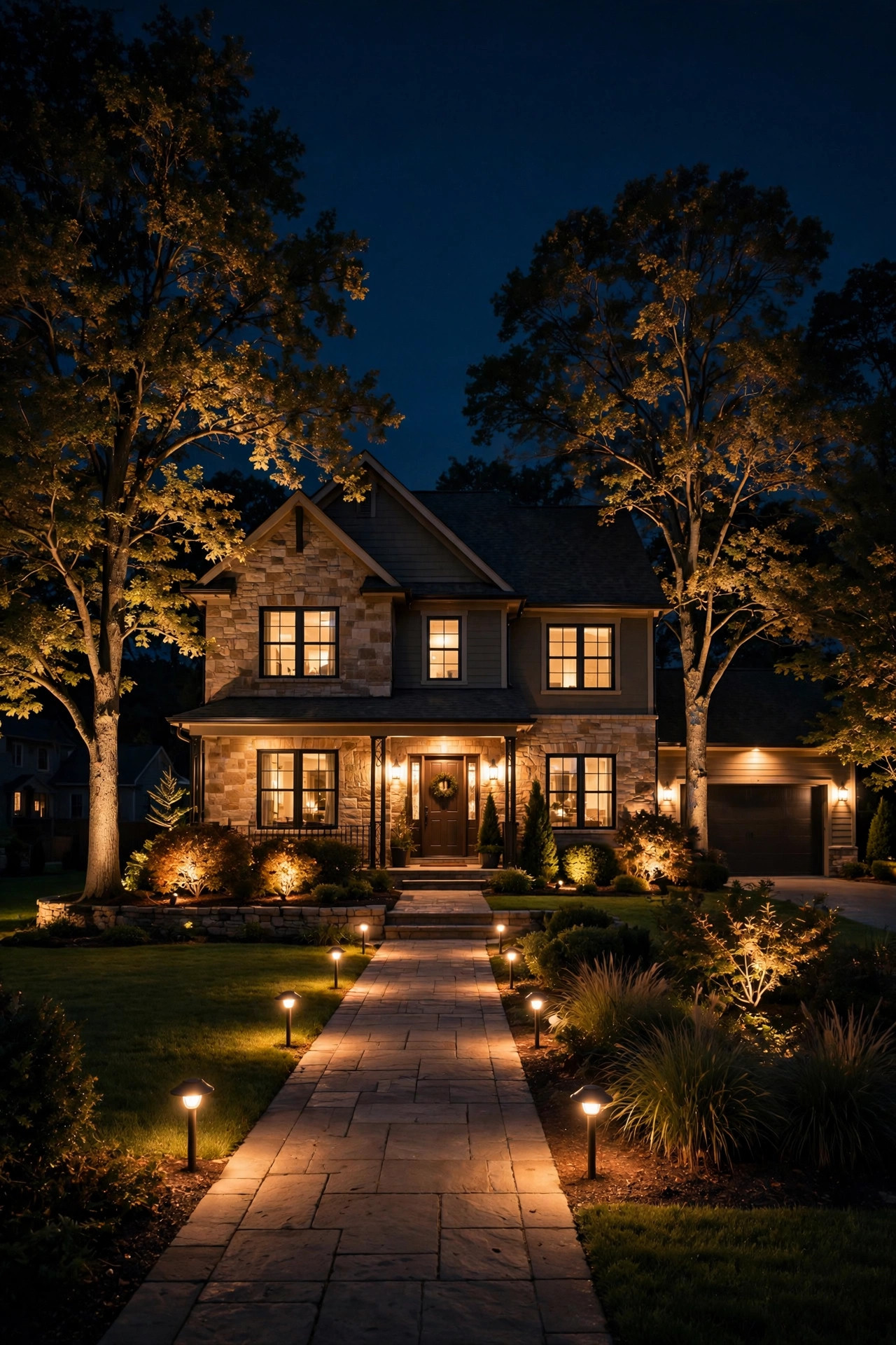 A suburban home at night with full layered landscape lighting showing dramatic curb appeal and glowing fixtures