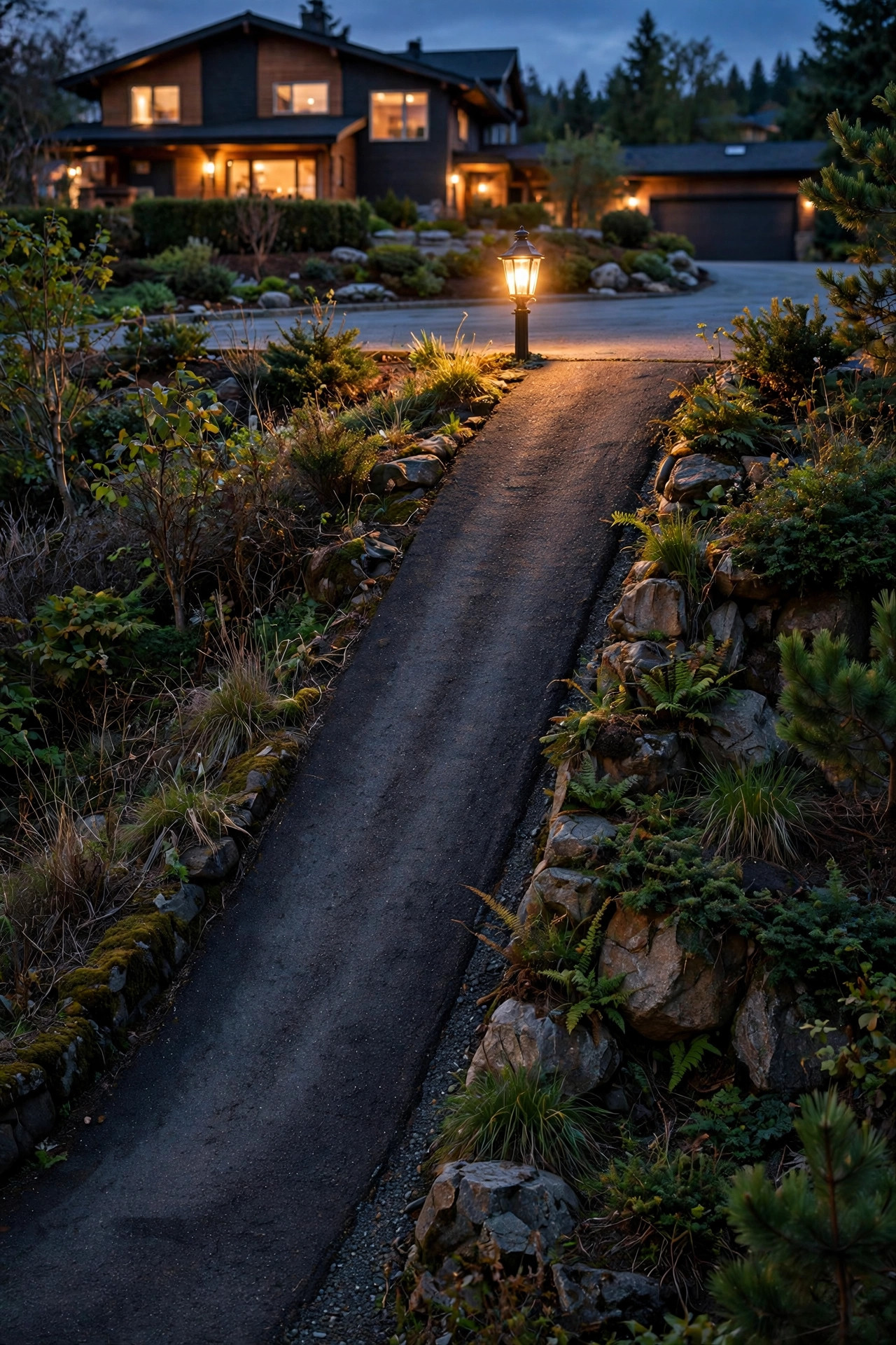 A warm lantern-style lamp post glowing at the crest of a steep driveway where it levels into a parking area