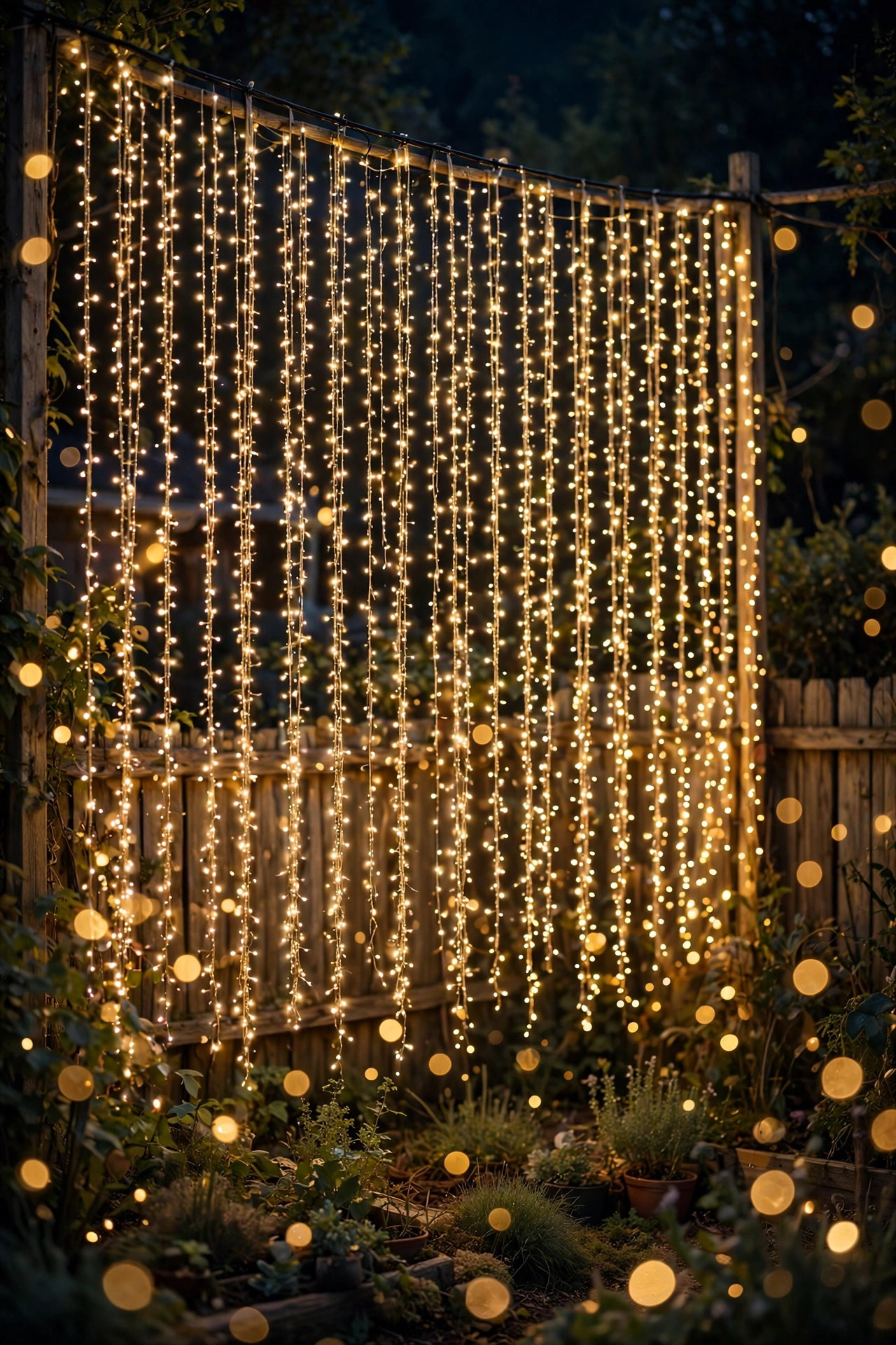 Fairy light curtain of vertical strands hanging from a cable along a wooden fence