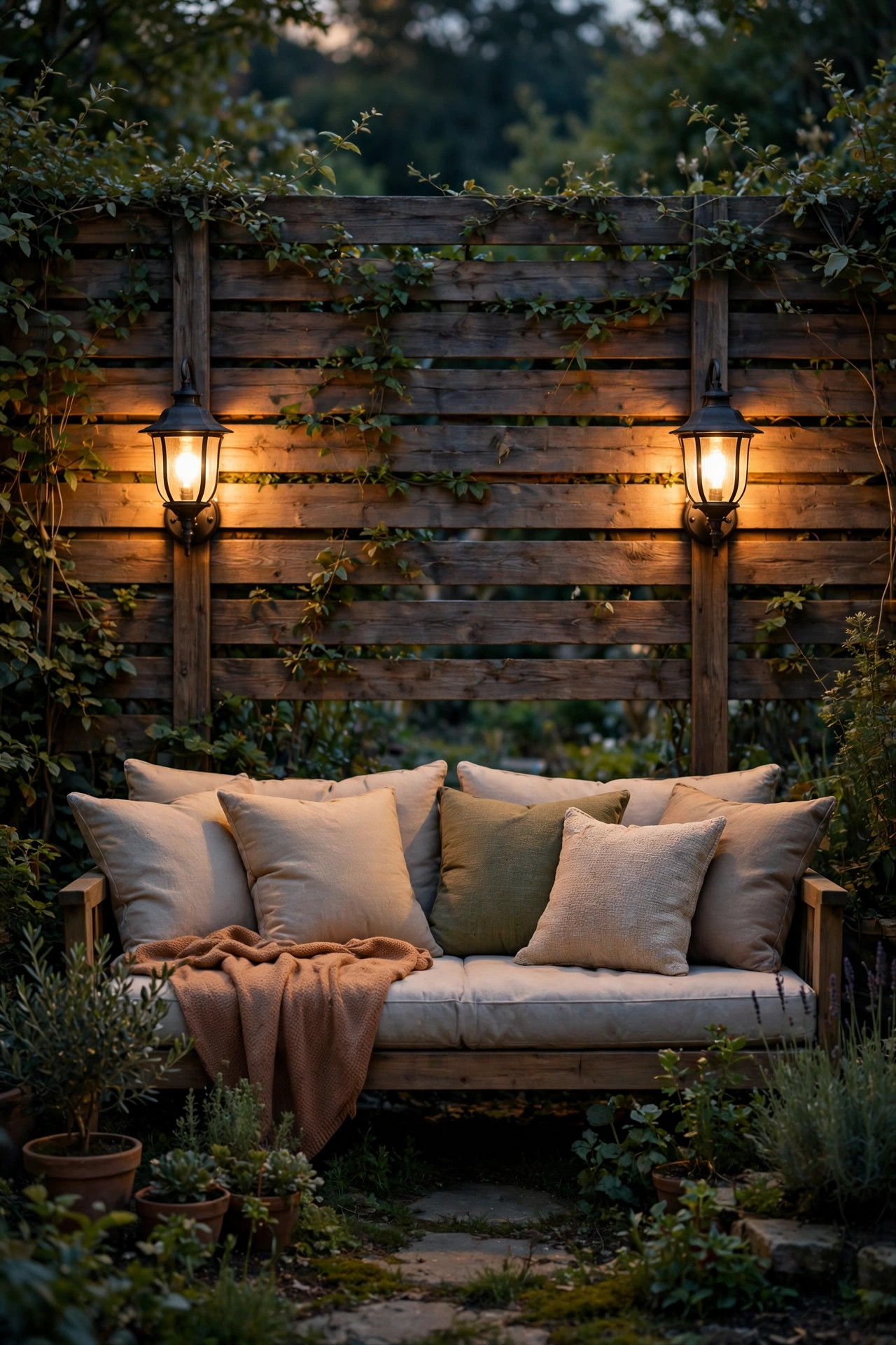 Pair of warm wall sconces on a garden fence flanking a daybed with cushions