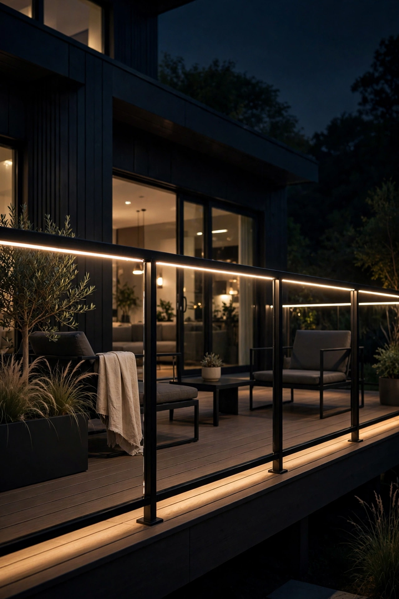 Hidden LED strip under a modern deck railing washing light down the pickets