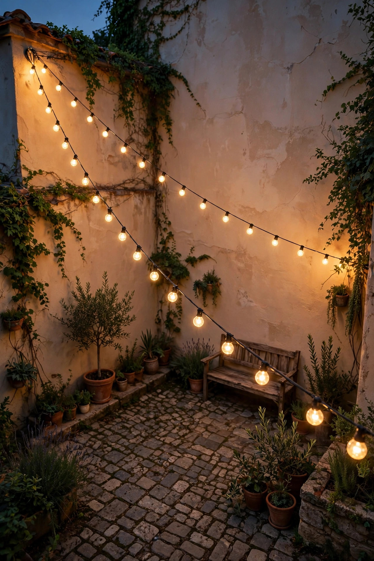 Two string light strands sweeping diagonally across a small courtyard from a high corner to a low corner