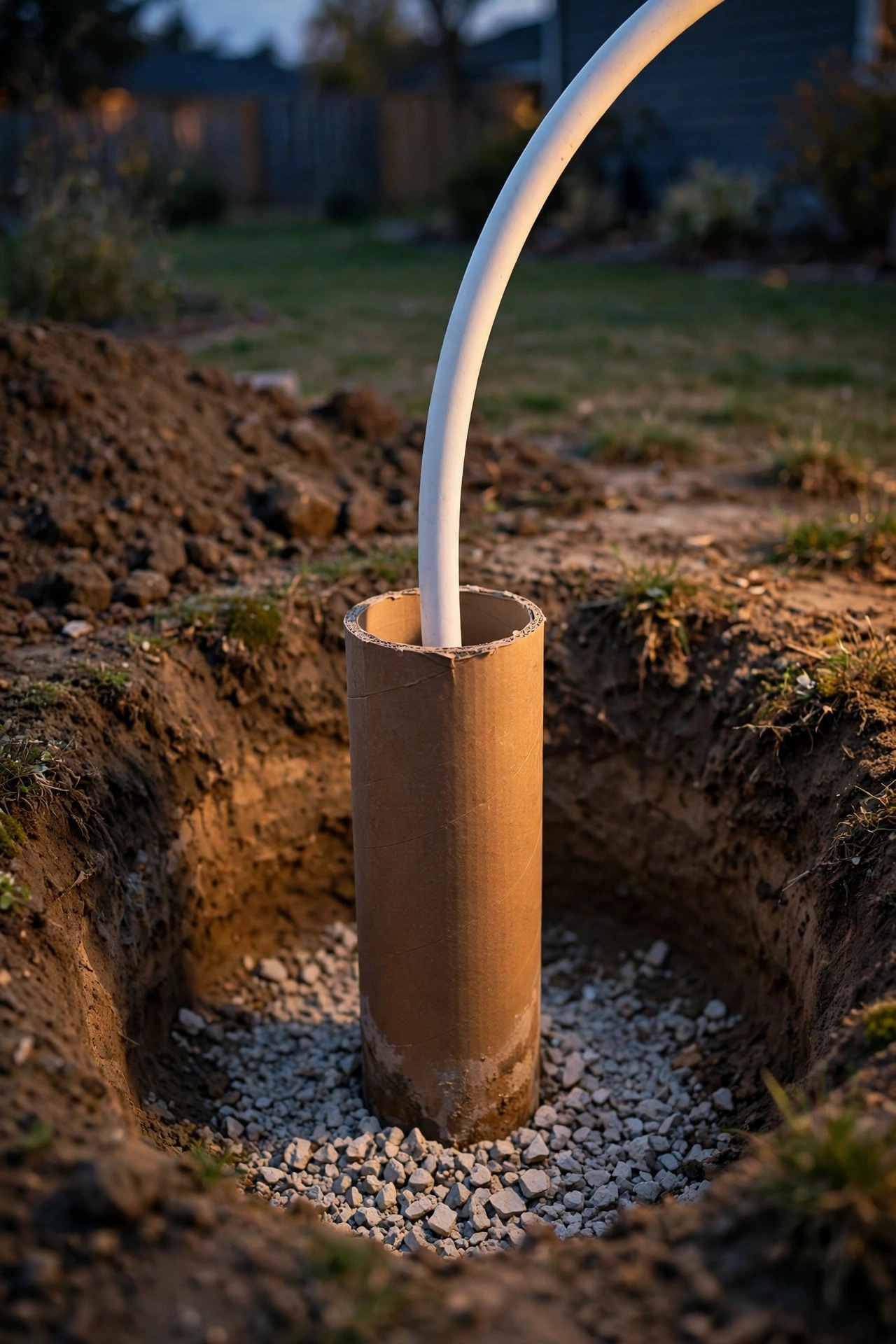 Freshly dug lamp post hole with gravel at the bottom, cardboard tube form standing slightly above grade, and a white conduit sweep rising through the center
